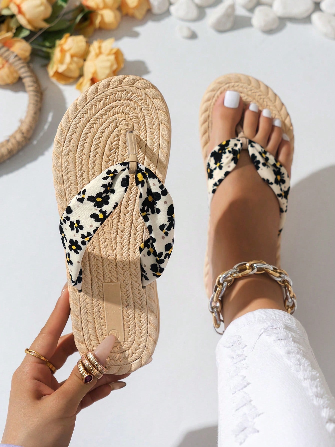 Women's Woven  Rope Thong Sandals With Flat Soles, Color Block, Summer Vacation Style