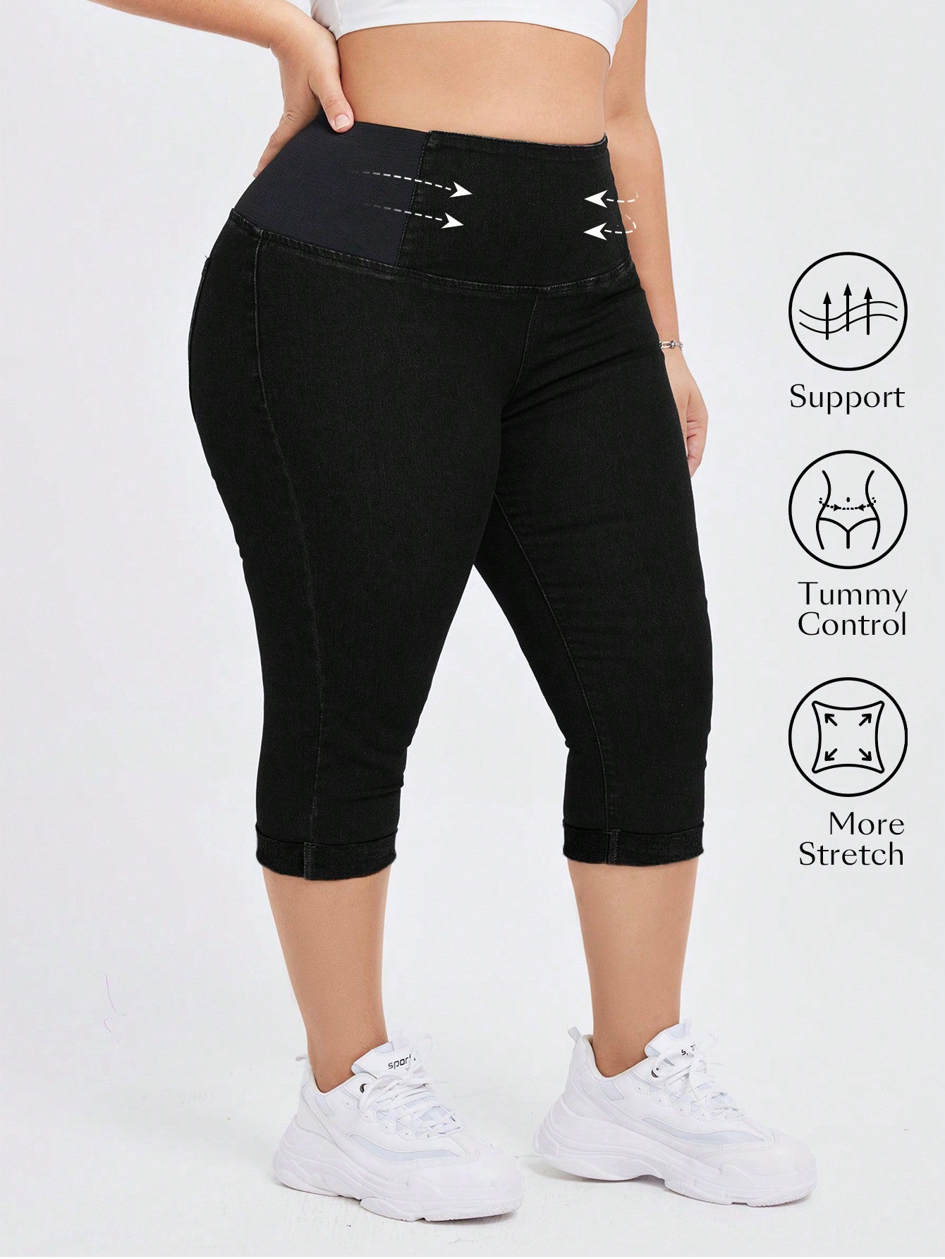 Plus Size High Waist, Elastic And Tight-Fitting Belly Control Skinny Denim Capris Mid-Length Jeans