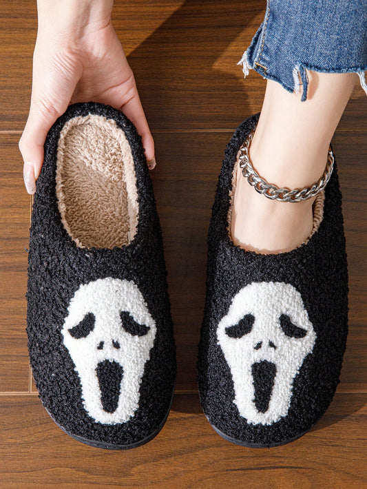 Women's Halloween Pumpkin, Ghost, Skull, Bat, Ghost Cat Pattern Flat Bottomed Indoor Plush Slippers, Winter Home Slippers