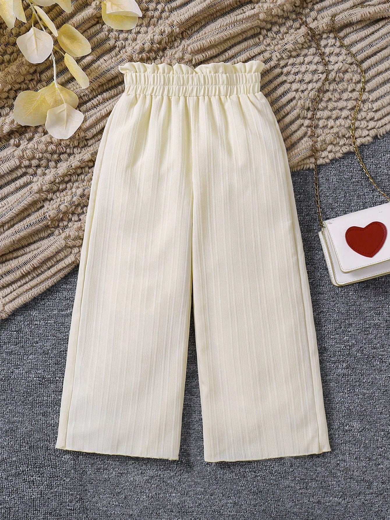 Young Girl Solid Color Elastic High Waisted Wide Leg Pants With Textured Finish