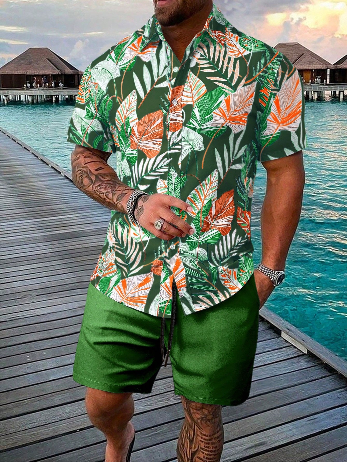 Men'S Leaf Print Short Sleeve Shirt And Shorts Set