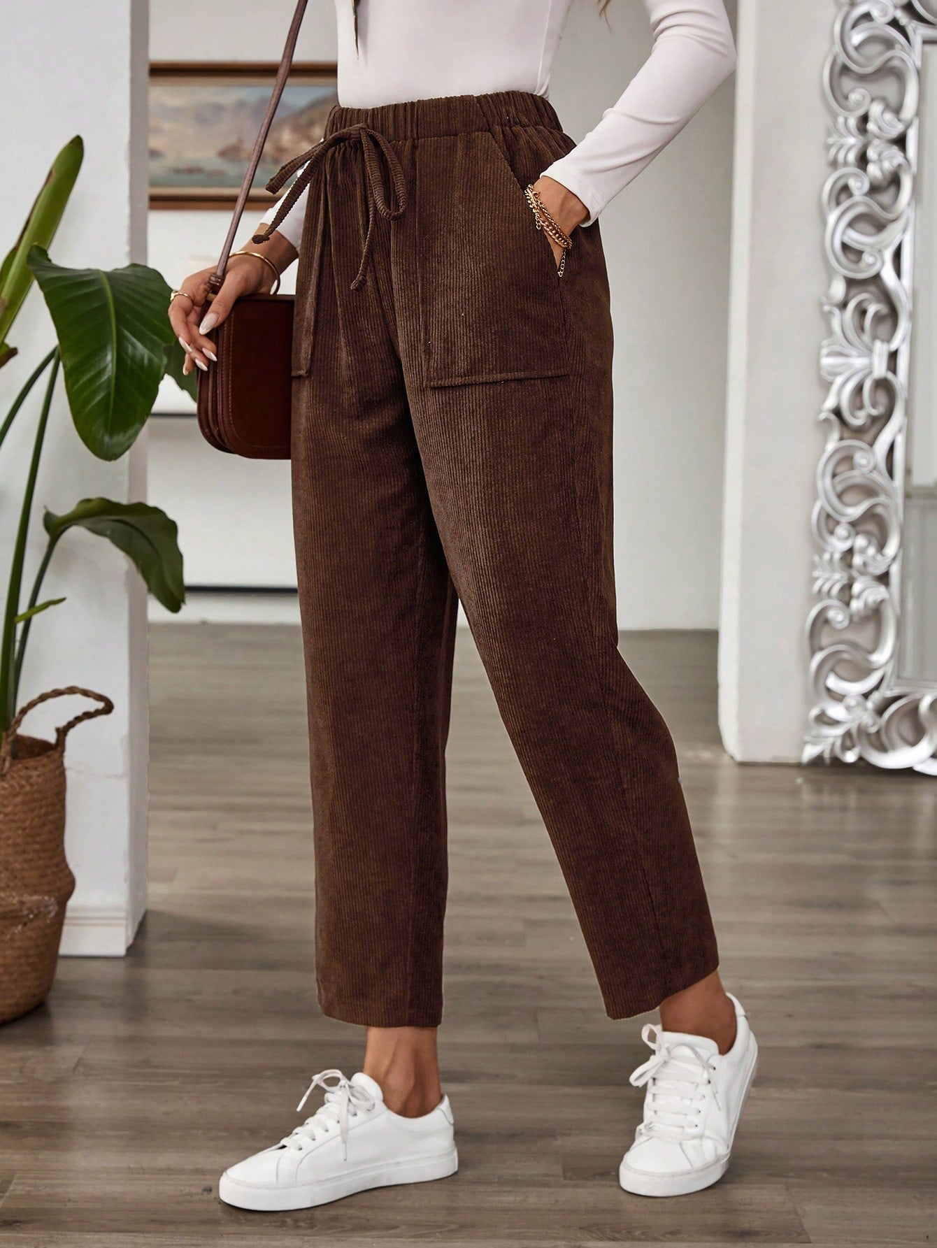 JORESS Women's Casual Elastic Waist Corduroy Straight Leg Pants, Autumn Fall Pants Baggy Women Pants