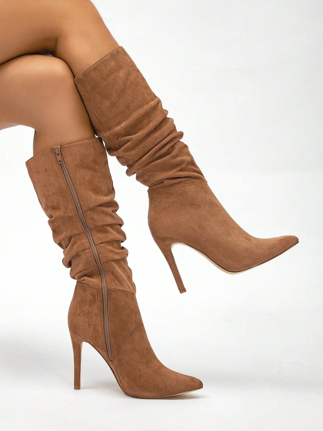 Brown Solid Color Pleated Suede Leather Slip-on Stiletto Casual Boots