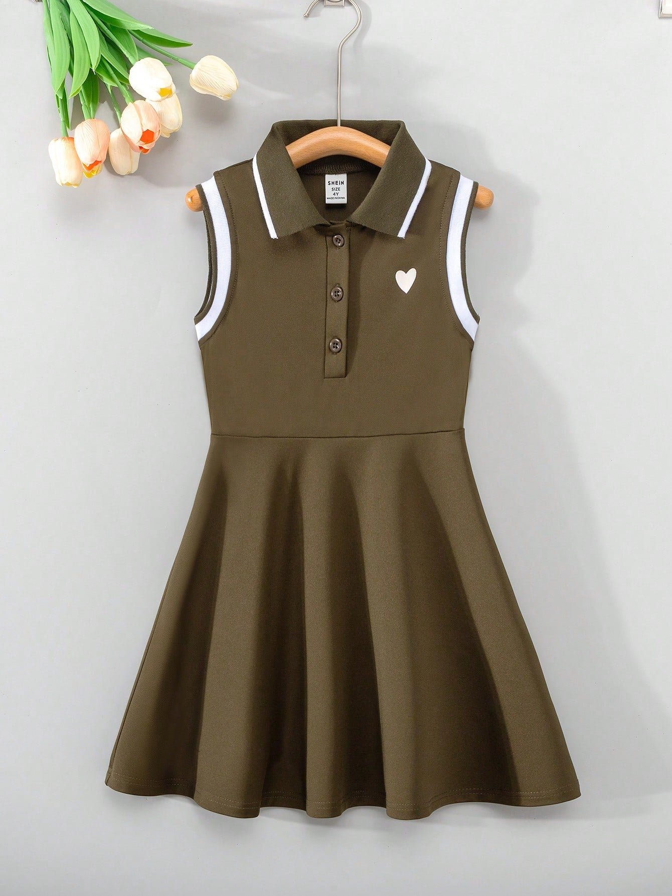 Young Girl Preppy Style Heart-Shaped Print Striped Trim Ribbed Collar Sleeveless Dress For Summer