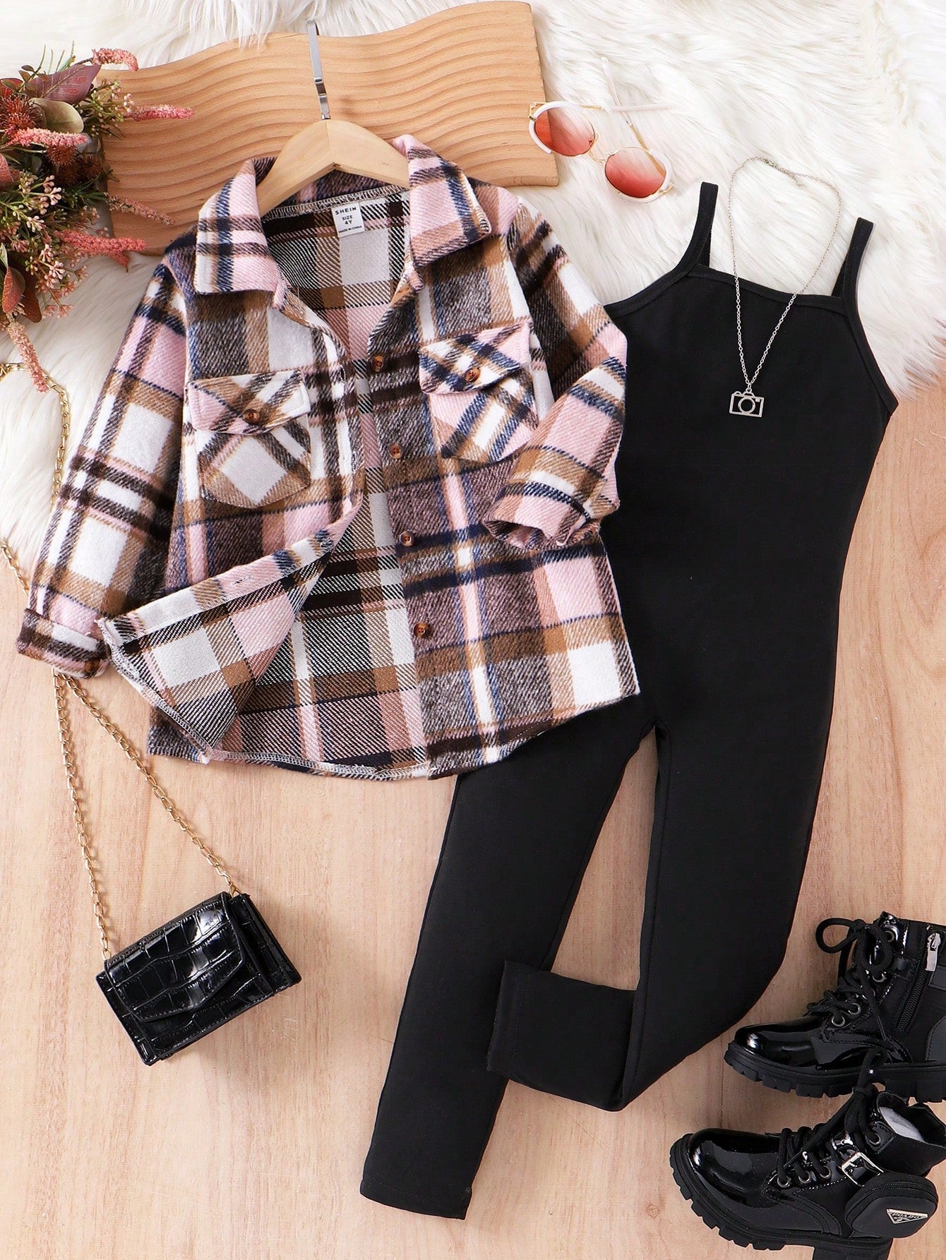 Young Girl Grid Shirt Coat And Casual Minimalist Suspender Jumpsuit Two-Piece Set