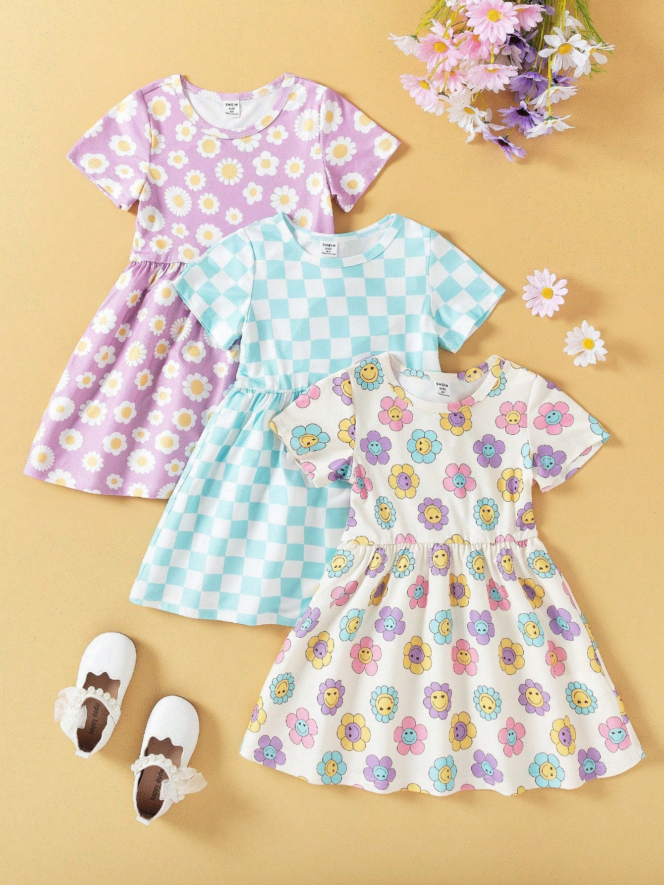 Young Girls Floral & Polka Dot Print    3-Piece Summer Dress Set