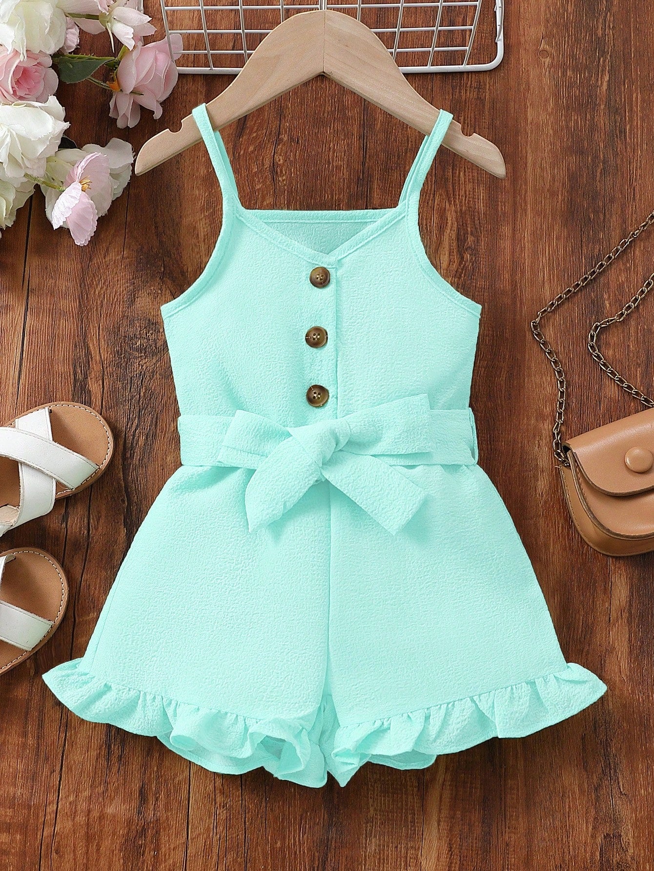 Young Girl Ruffle Hem Belted Cami Romper