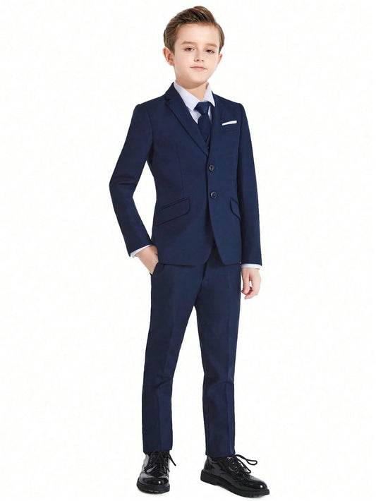 3pcs Back-To-School Tween Boy Slim Fit Navy Blue Suit Set: Jacket, Pants, Suspenders