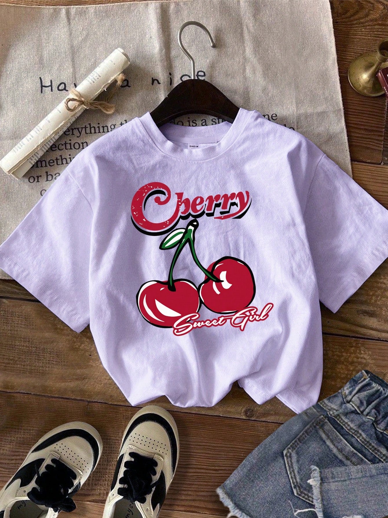 Tween Girl Casual Simple Cherry Print Short Sleeve T-Shirt Suitable For Summer