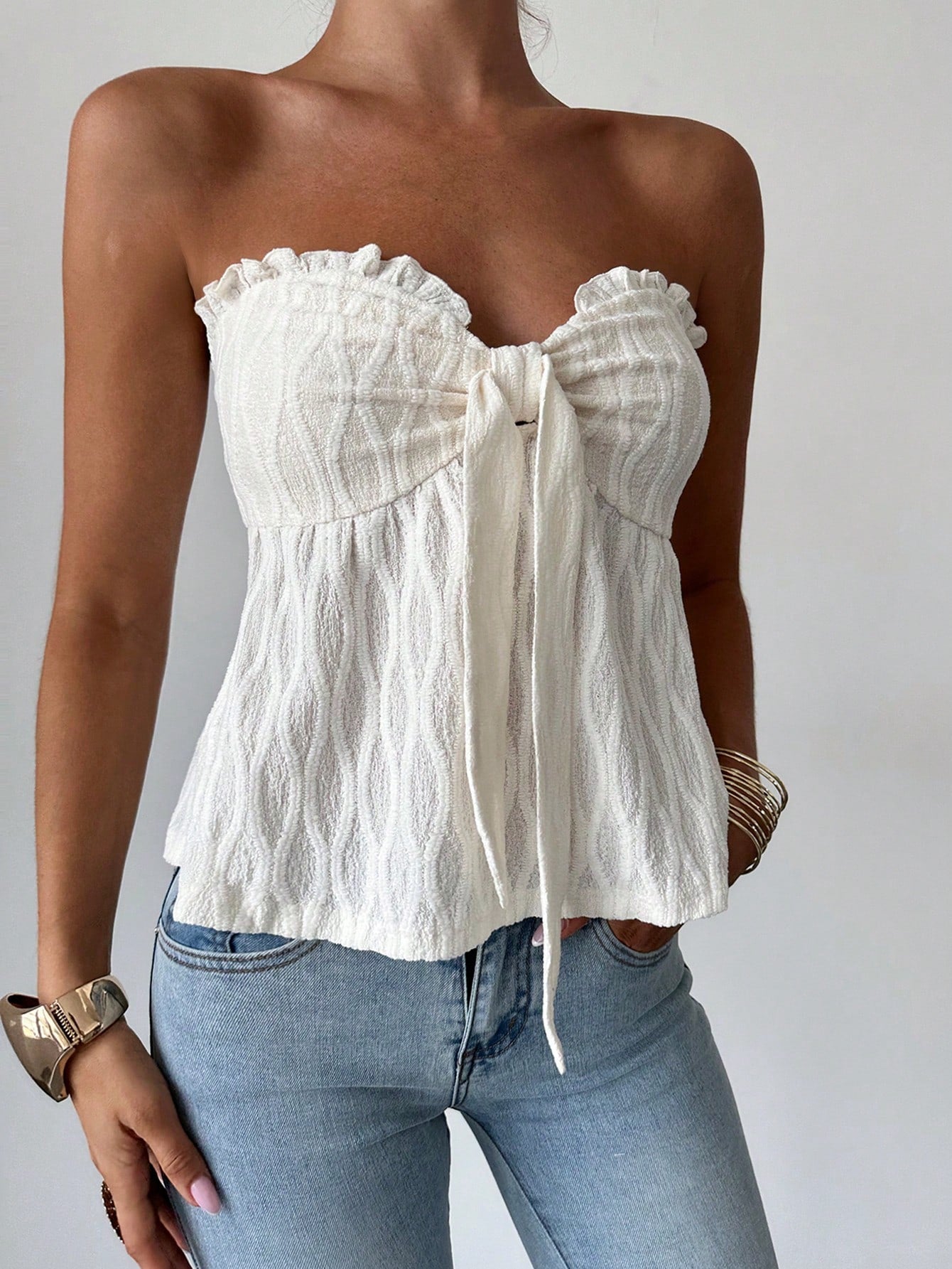 Eyelet Embroidery Tie Front Tube Off Shoulder Top