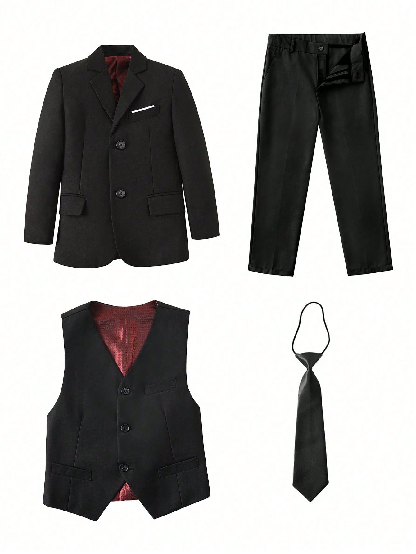 4pcs Tween Boy Back-To-School Suit Set, Including Suit Jacket, Suit Pants, Vest, And Tie, Black