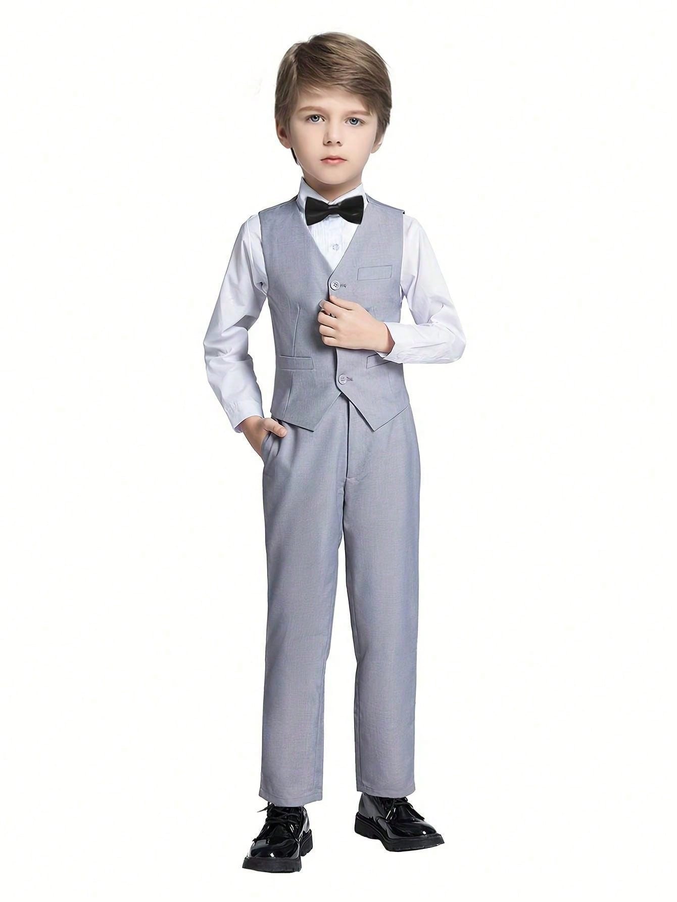 3pcs Tween Boy Formal Outfit - Slim Fit Solid Vest, Pants And Suspenders