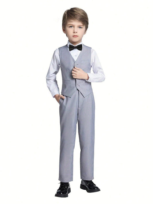 3pcs Tween Boy Formal Outfit - Slim Fit Solid Vest, Pants And Suspenders