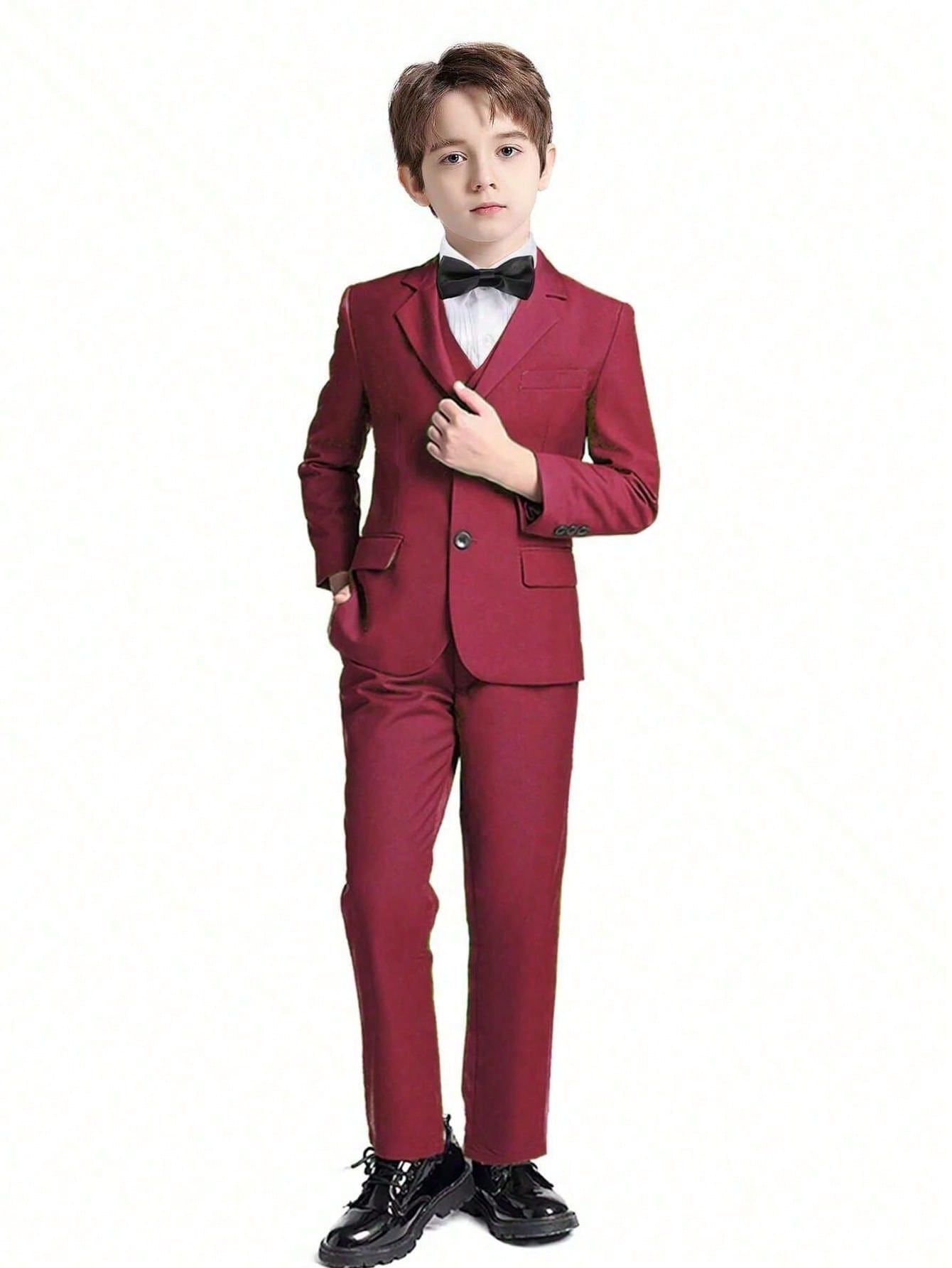 2pcs Back-To-School Tween Boy Suit Set, Including Formal Suit Jacket And Pants, Groomsman Wedding Tuxedo, Dark Blue