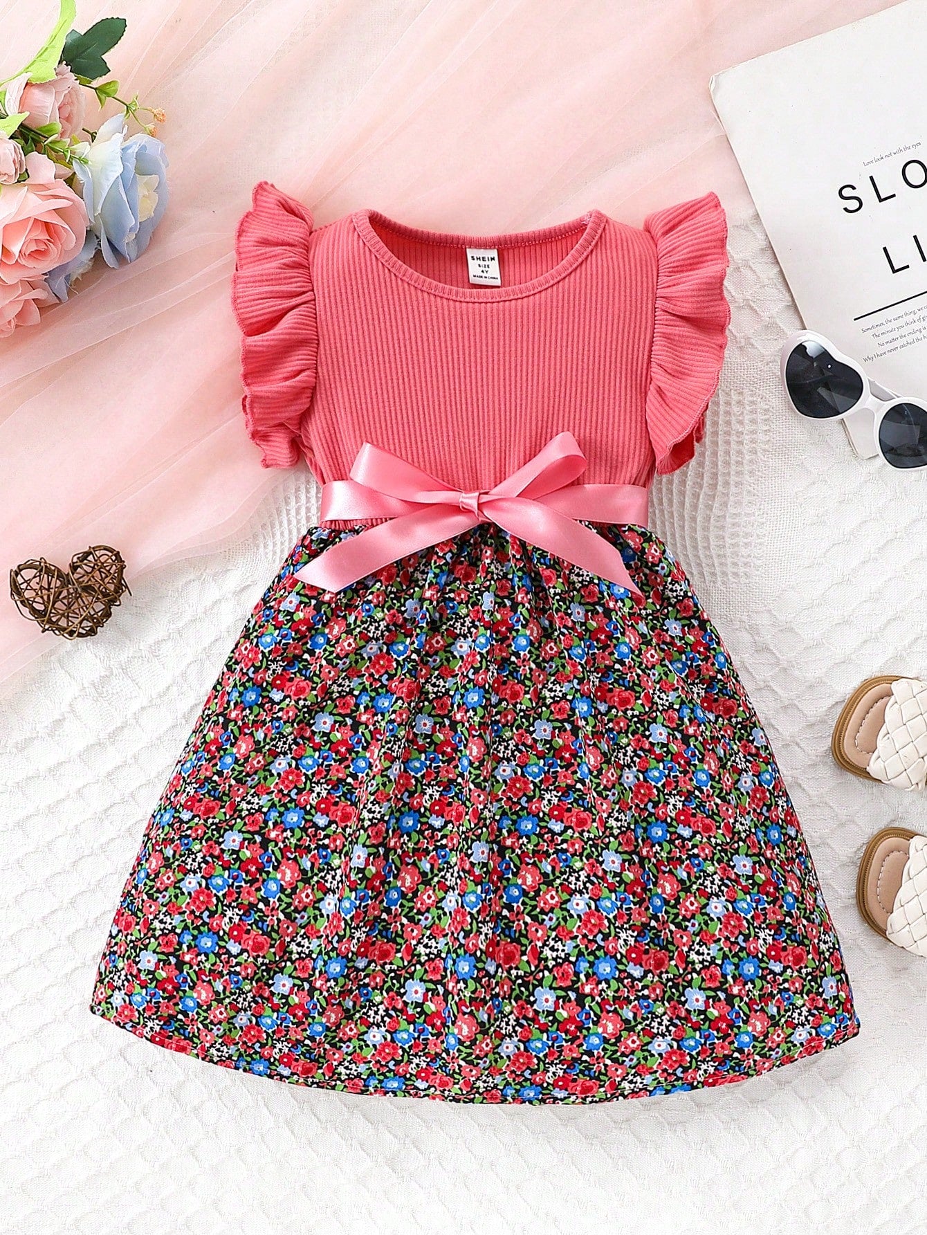 Young Girl Casual And Holiday Brown Pitted Stripes Fabric Cap Sleeve Dress With Floral Skirt And Belt, Suitable For Summer, Outdoor Activities And Indoor Daily Life, Comfortable To Wear