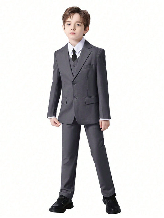 Back To School Season Five-Piece Gray Suit Set For Tween Boys - Jacket, Vest, Pants, Tie, And Suspenders