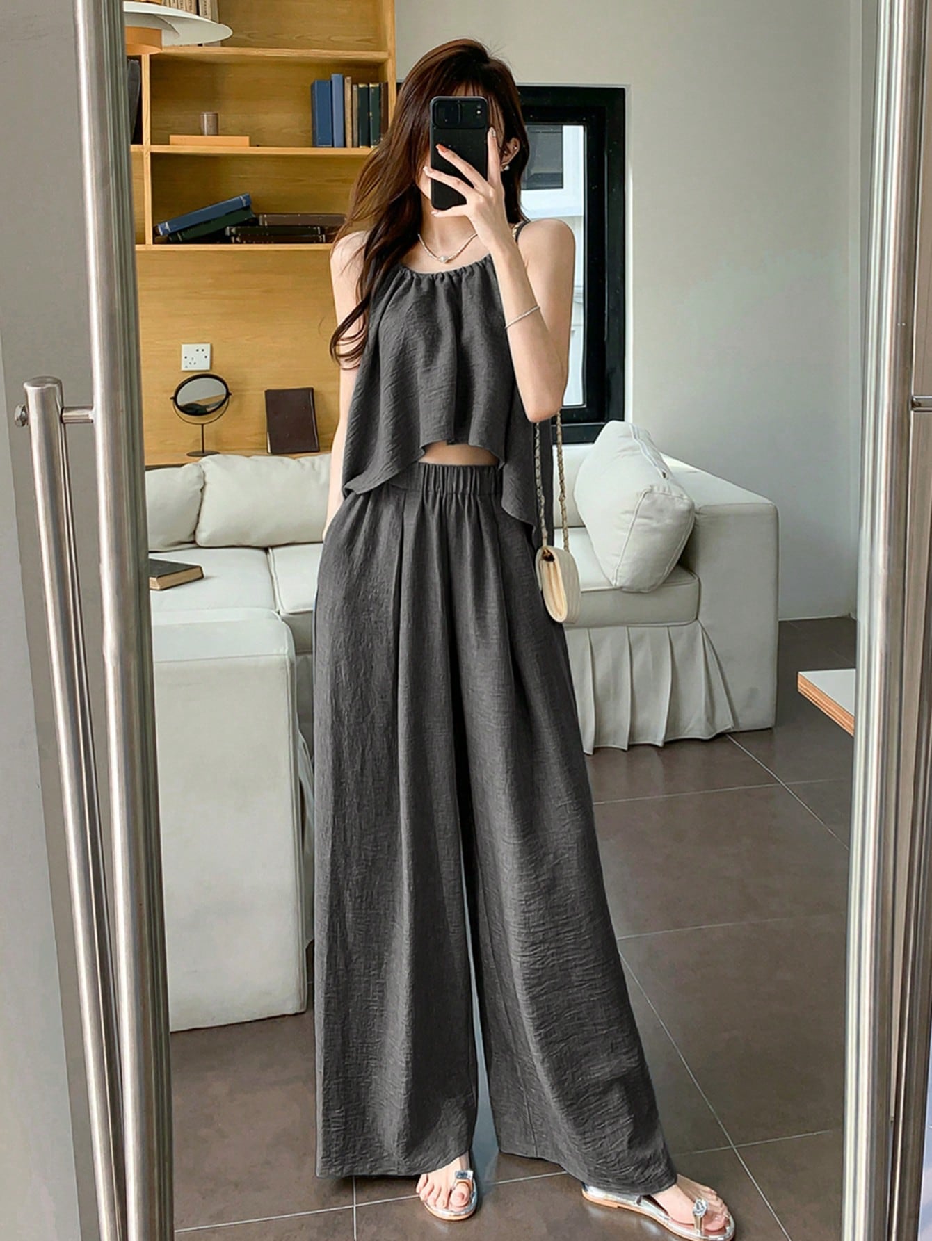 Women Summer Solid Color Asymmetrical Hem Camisole Top And Casual Pants Set