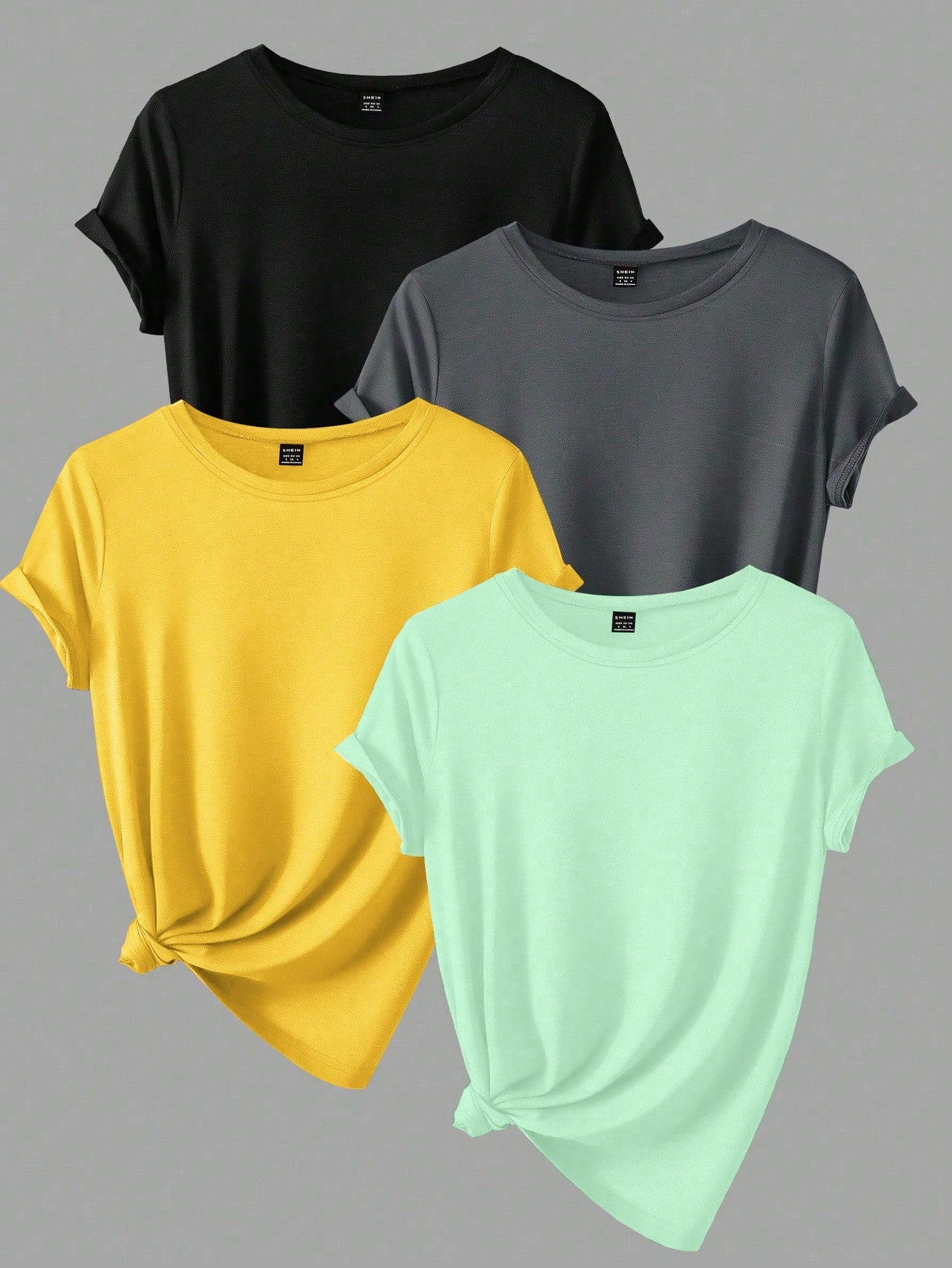 Women's Plus Size Summer 4pcs Solid Color Round Neck Short Sleeve Casual T-Shirt