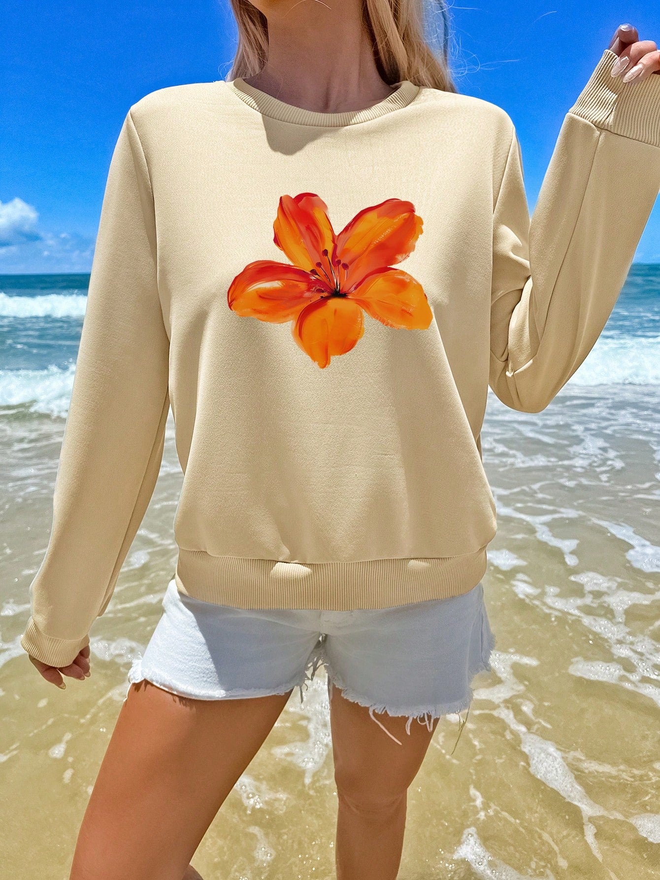 Casual Blue Star Print White Round Neck Long Sleeve Oversize Loose Women's Sweatshirt With Applique