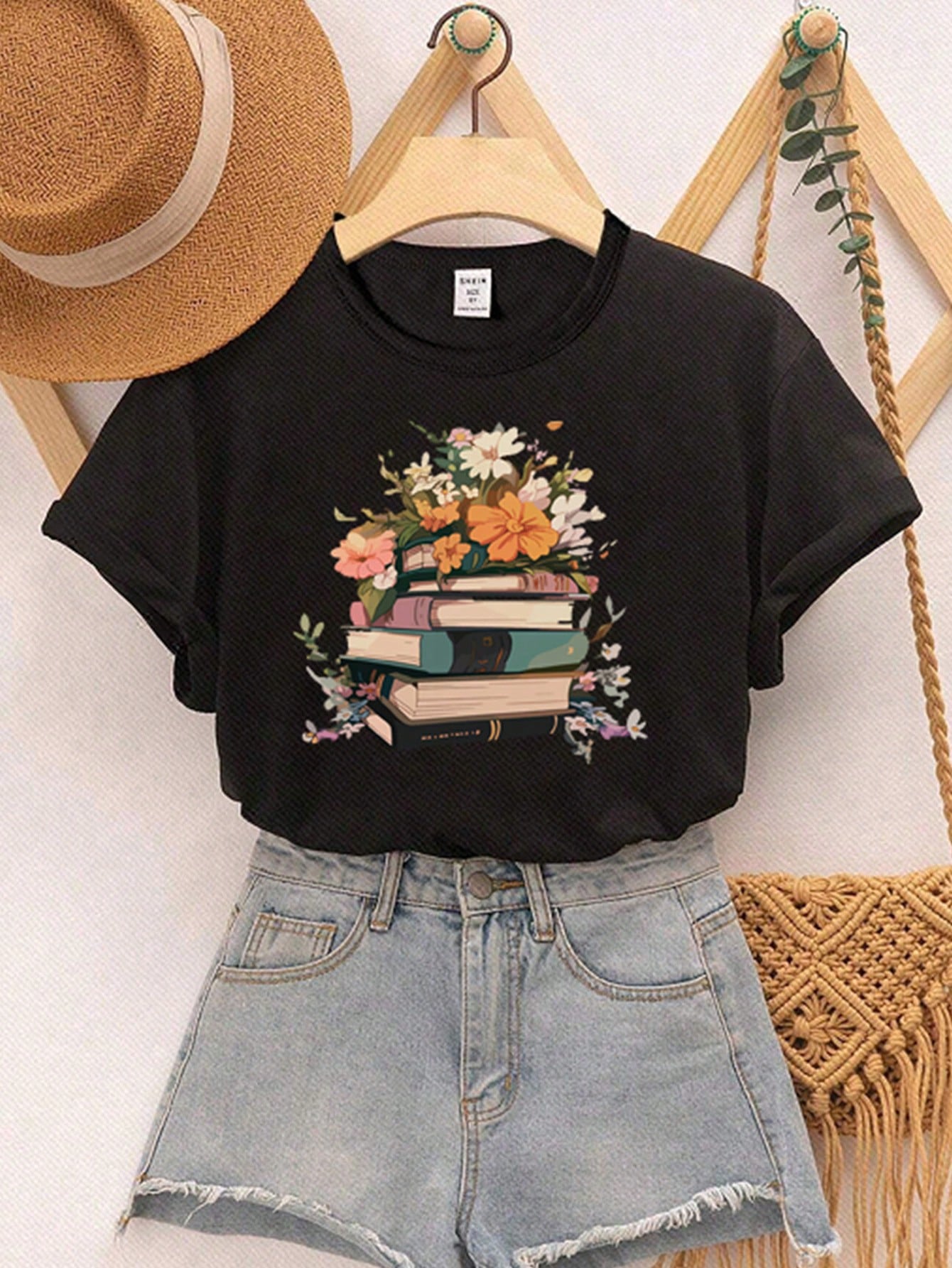 Tween Girl Floral Book Print Round Neck Short Sleeve Casual T-Shirt, Summer