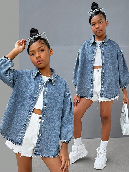 Tween Girl Y2K Causal Stonewashed Drop Shoulder Baggy Soft Denim Shirt,Tween Girl Back To School Clothes Outfits