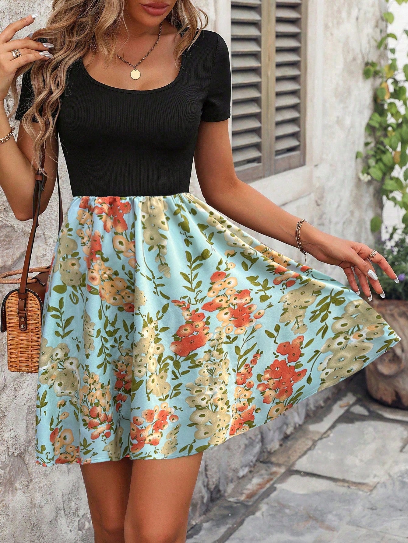 Floral Printed Patchwork Short Sleeve Dress