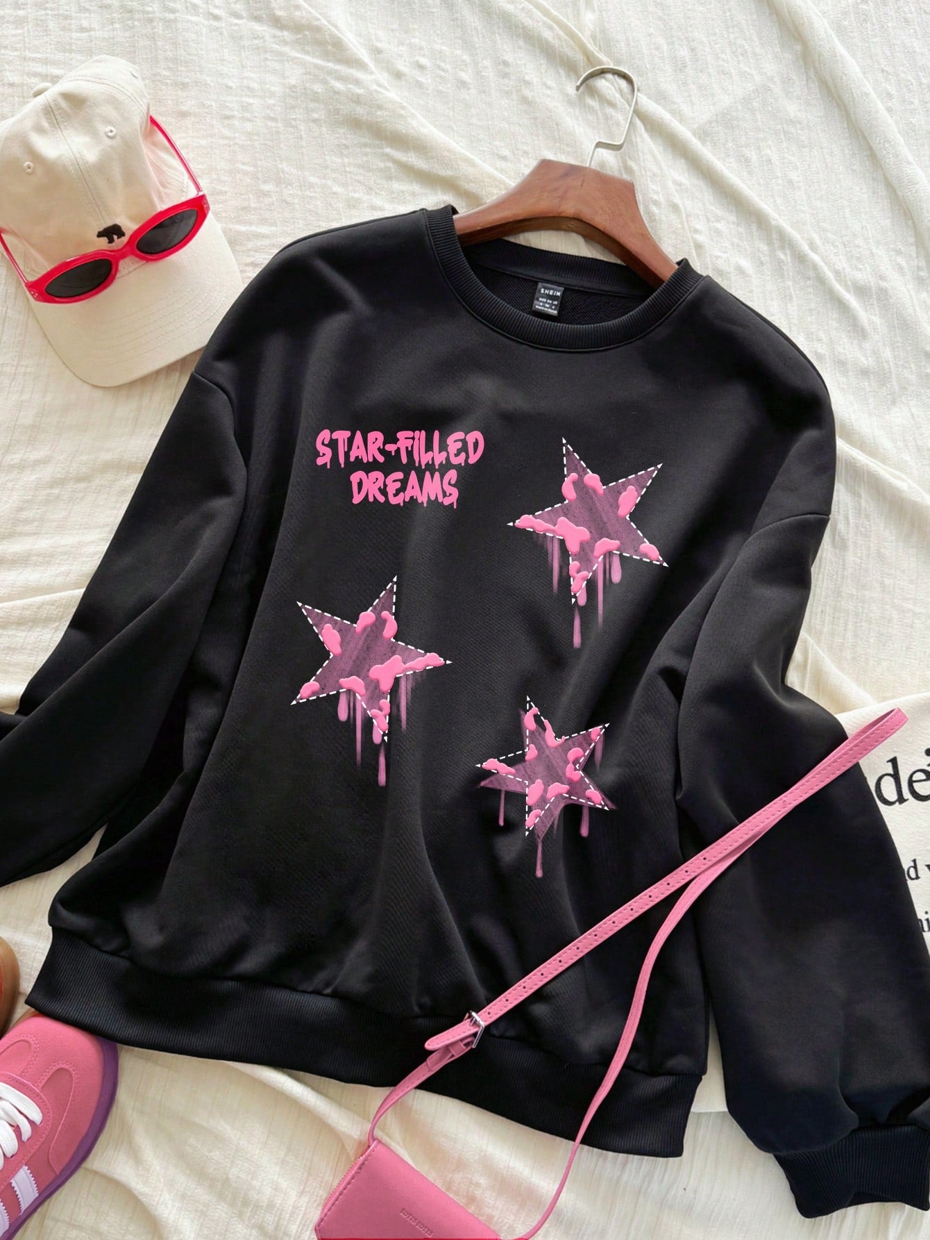 Casual Blue Star Print White Round Neck Long Sleeve Oversize Loose Women's Sweatshirt With Applique