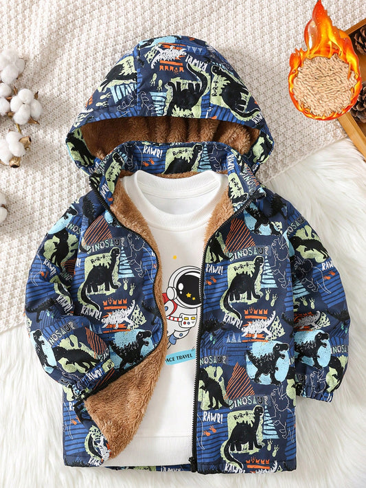 Kids' Cute Casual Dinosaur Printed Plush-Lined Hooded Cardigan, Suitable For Daily Wear, Sports, Holidays, And Parties. Suitable For Autumn And Winter Seasons.