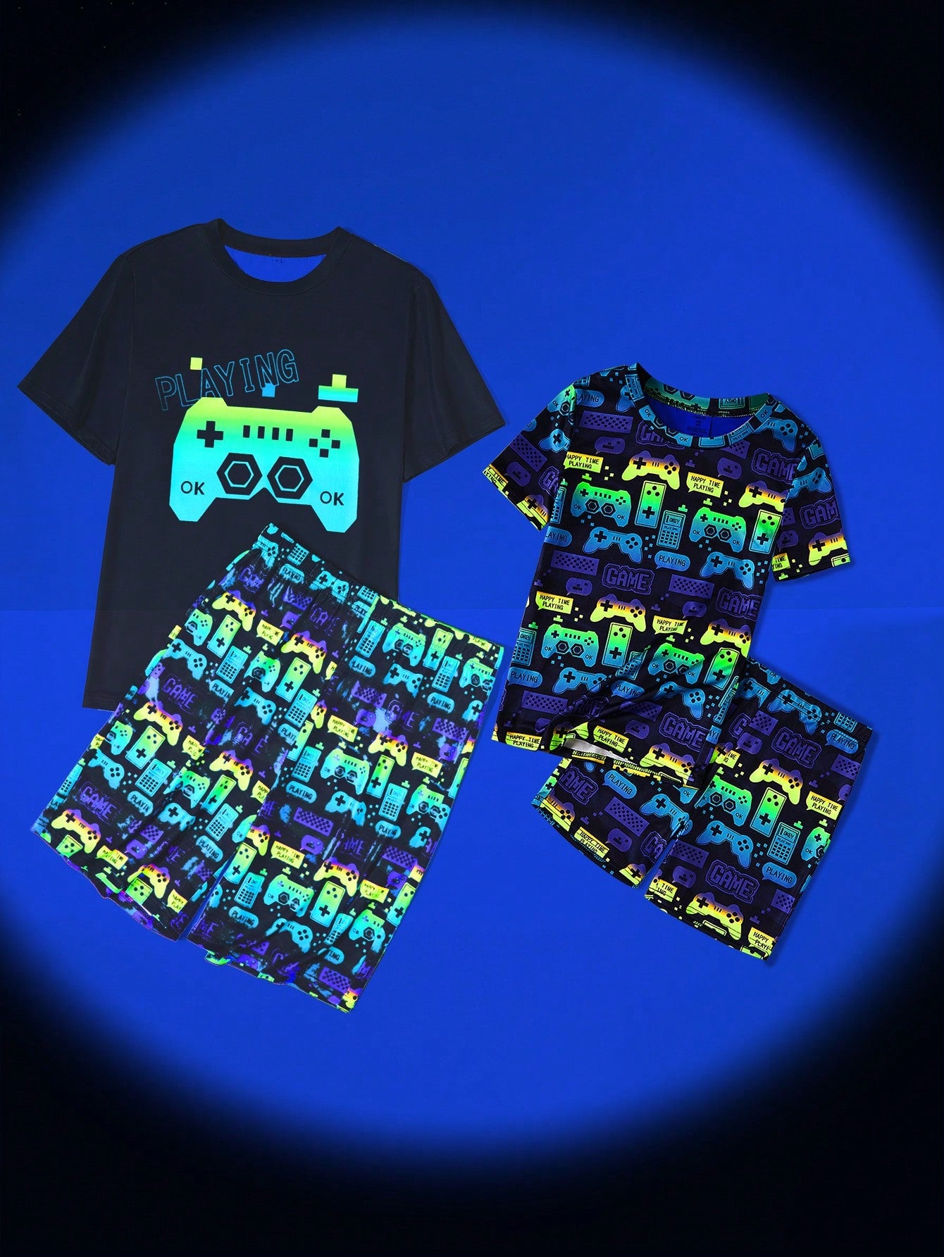 Tween Boy Football Glow-In-The-Dark Print Round Neck Short Sleeve T-Shirt & Shorts 2pcs Pajama Set