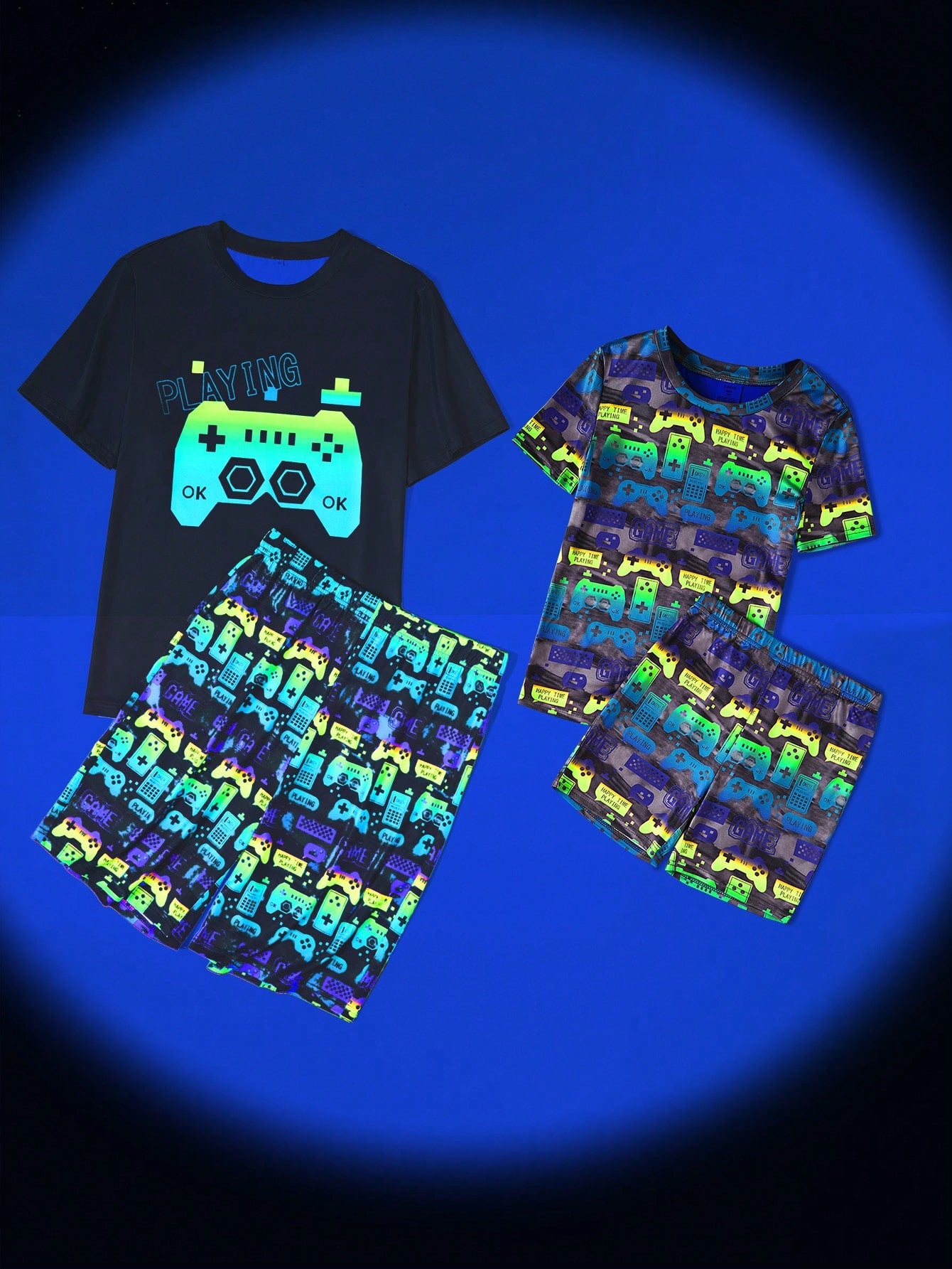 Tween Boy Football Glow-In-The-Dark Print Round Neck Short Sleeve T-Shirt & Shorts 2pcs Pajama Set