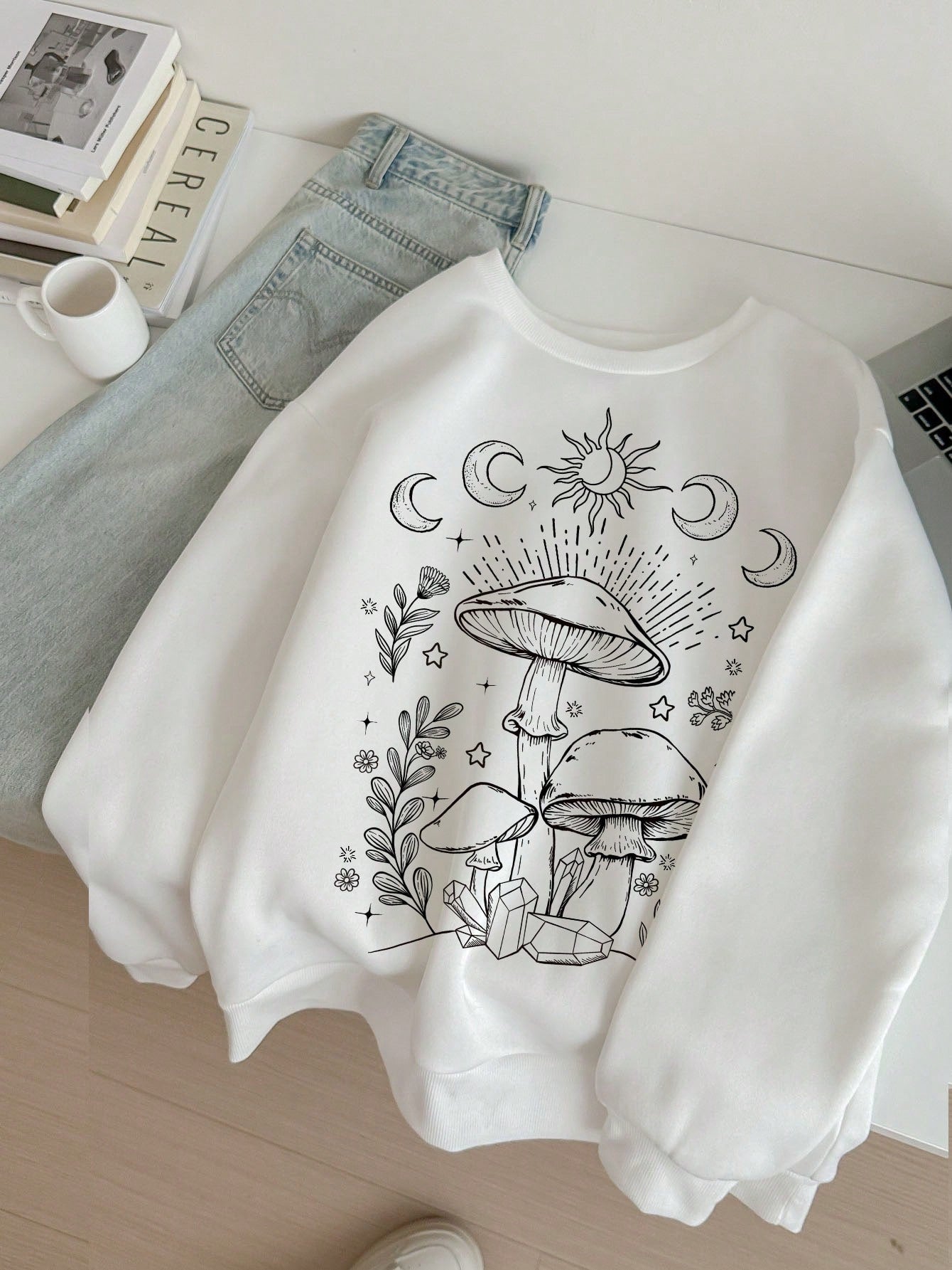 Casual Blue Star Print White Round Neck Long Sleeve Oversize Loose Women's Sweatshirt With Applique Each Star Is Unique And Shines Brightly Eternal Light