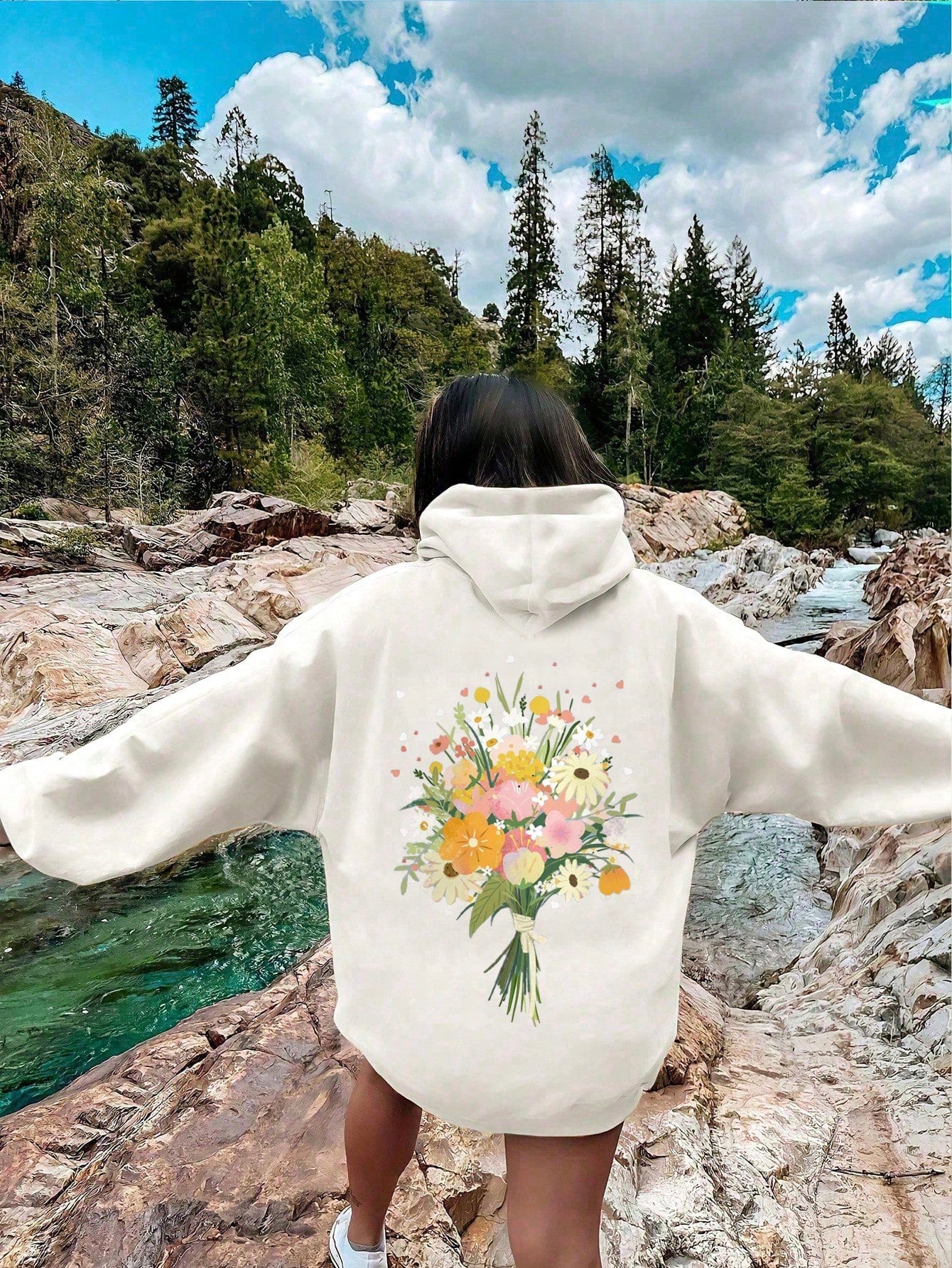 Women Loose Fit Floral Print Hooded Sweatshirt