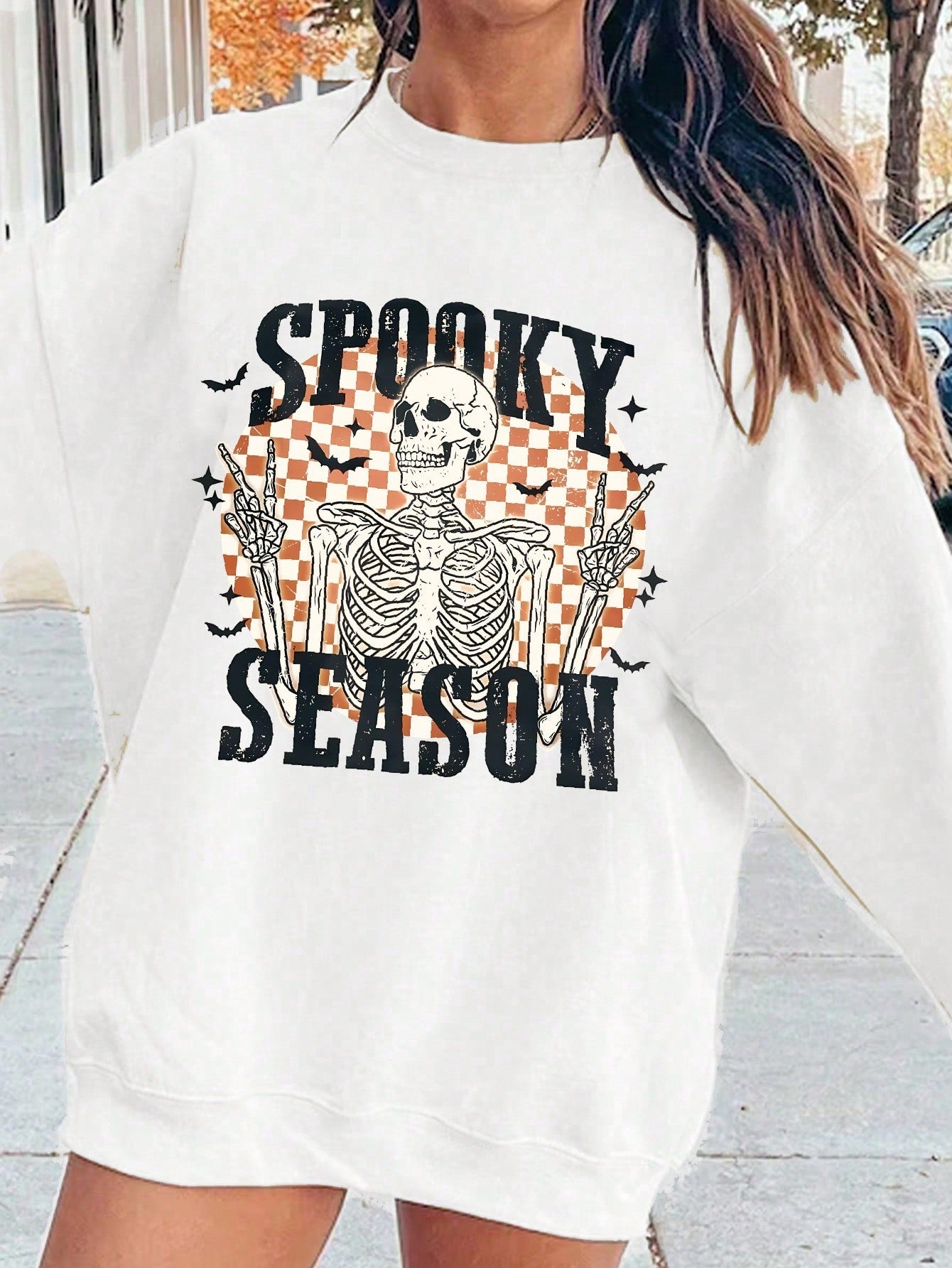 Halloween Skull Print Sweatshirt Vintage Weird Oversized Crew Neck Sweatshirt