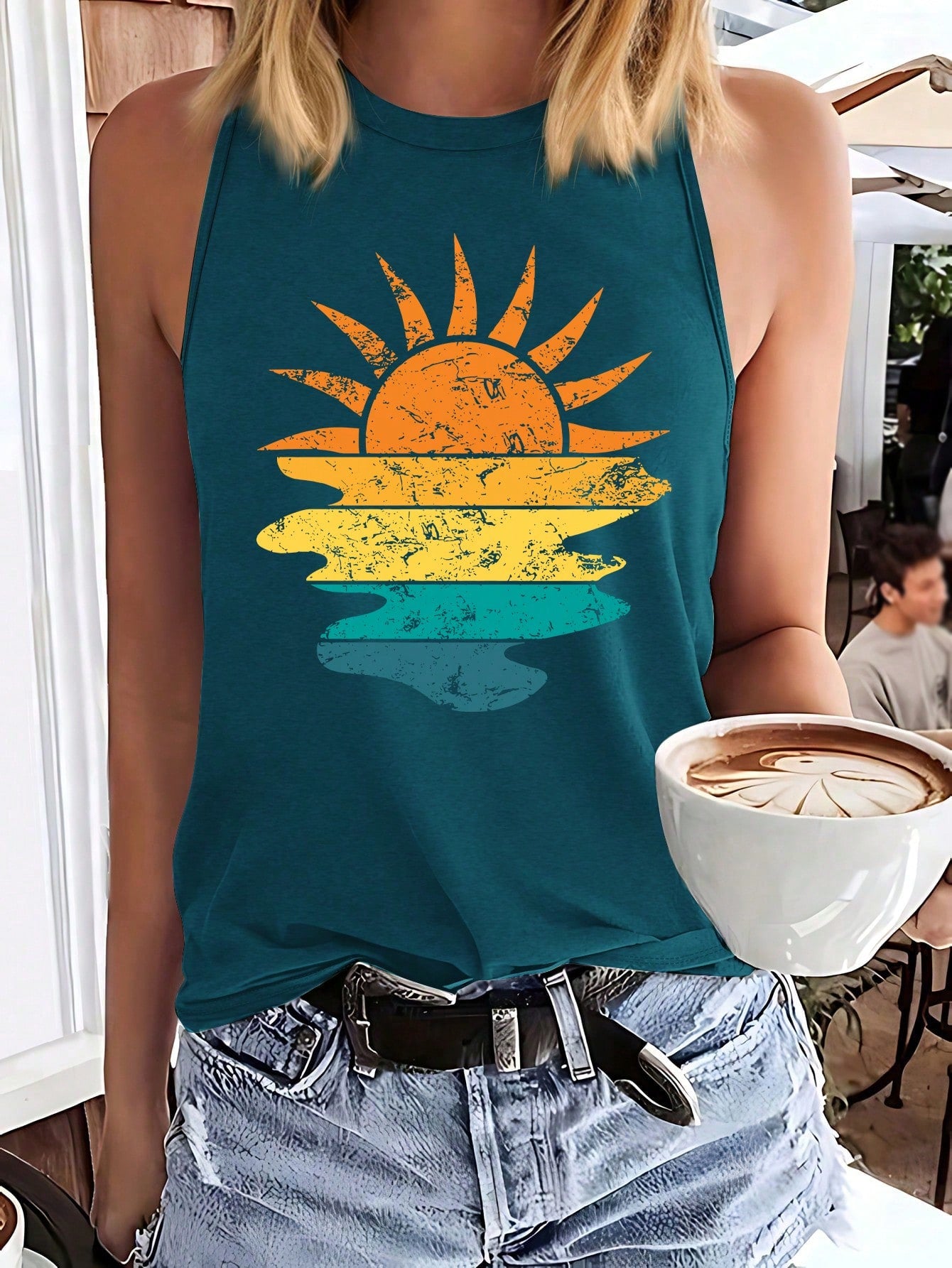 Simple Sun And Sunrise Print Casual Tank Top With Round Neckline