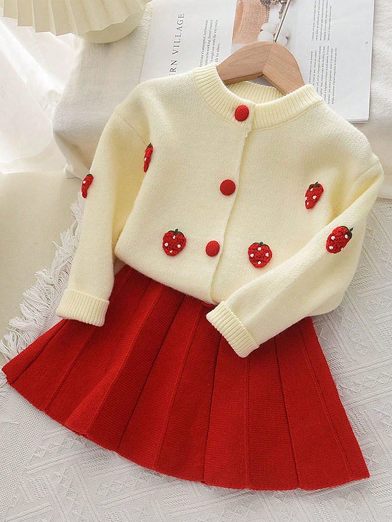 2pcs/set Young Girls' Cute Long Sleeve Fruit Pom Pom Decorated Sweater And Pleated Skirt, Autumn And Winter