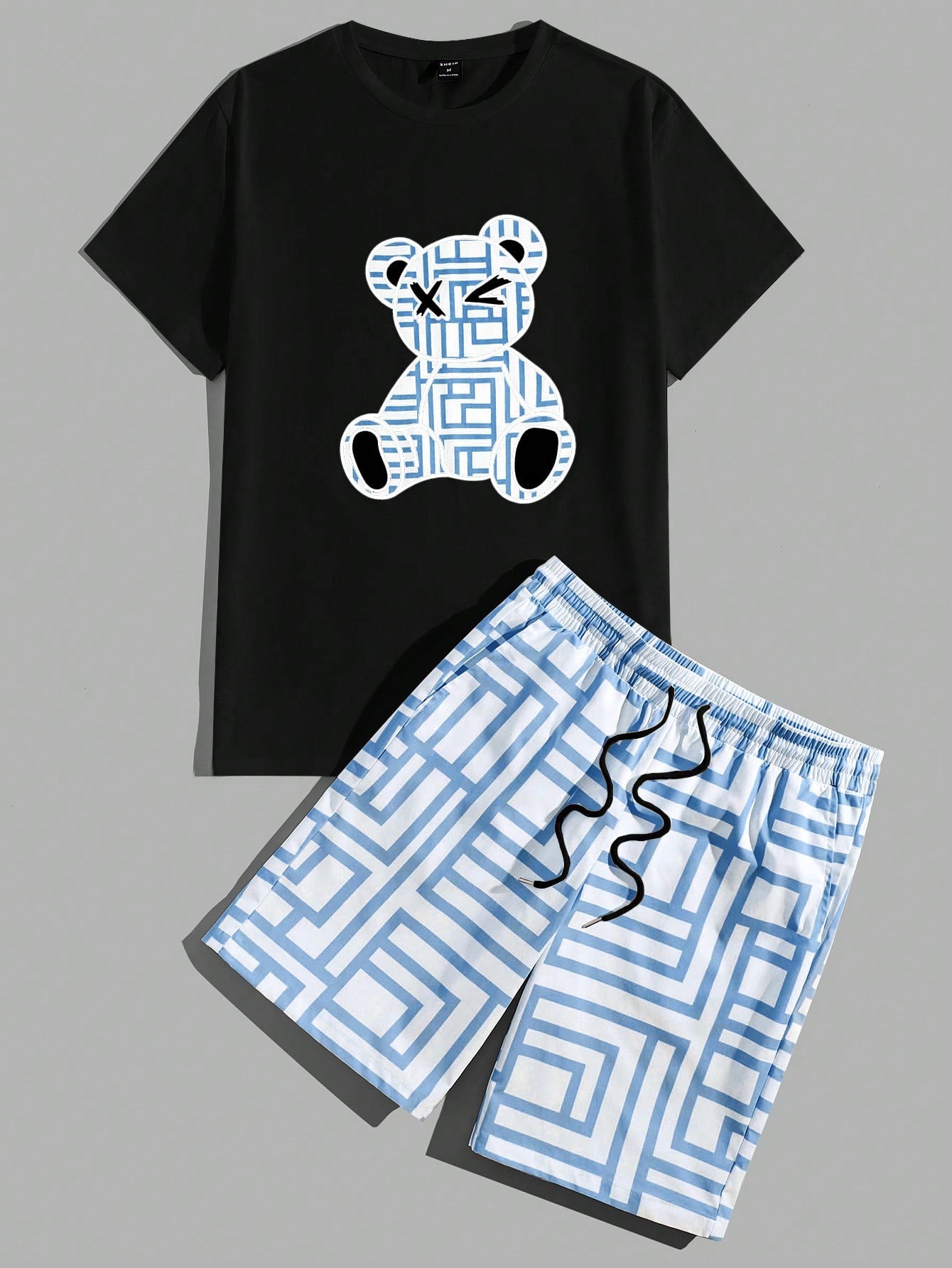 Men's Bear Printed Short Sleeve T-Shirt And Shorts Set For Summer