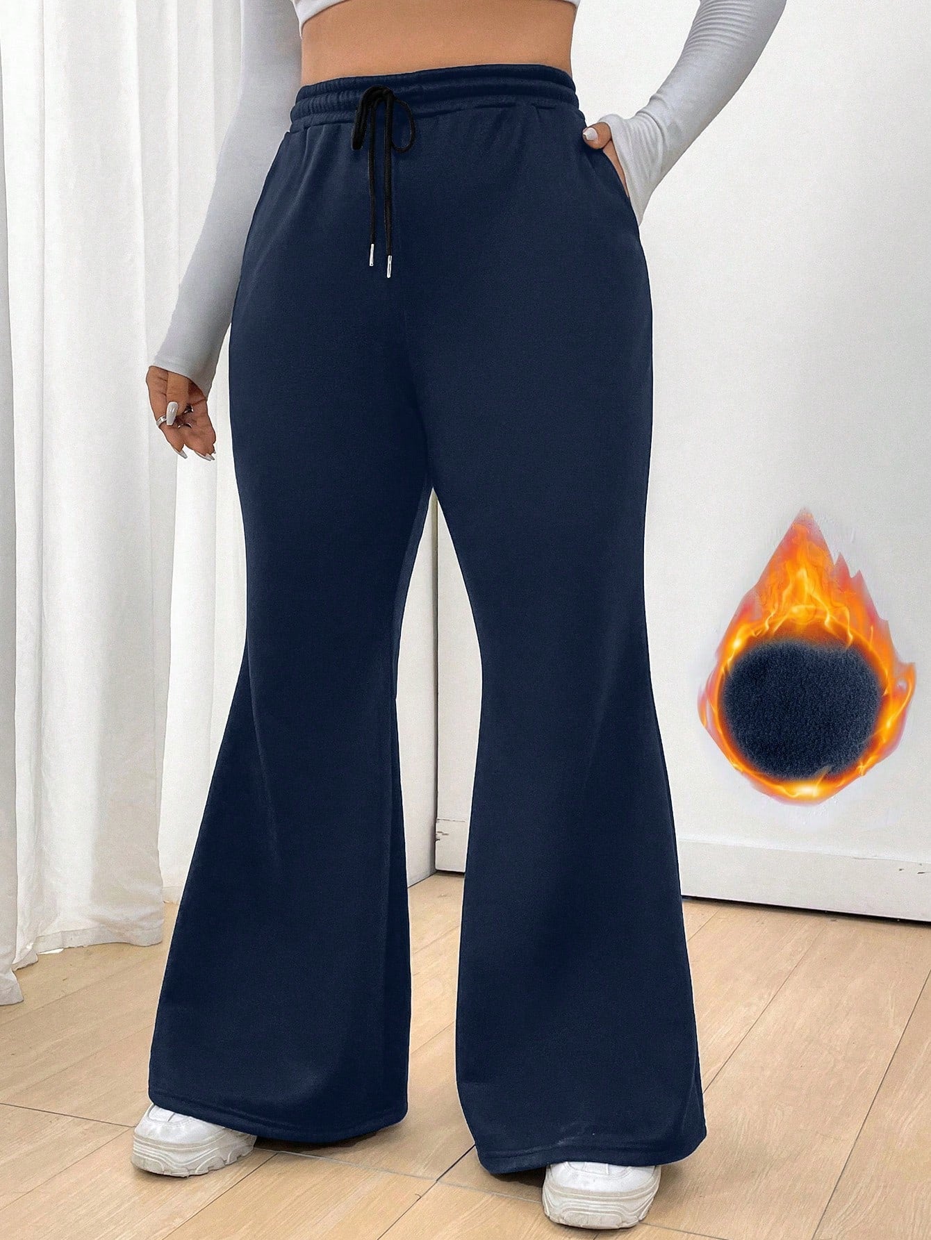 Plus Size Solid Color Drawstring Waist Flared Corduroy Pants With Fleece Lining