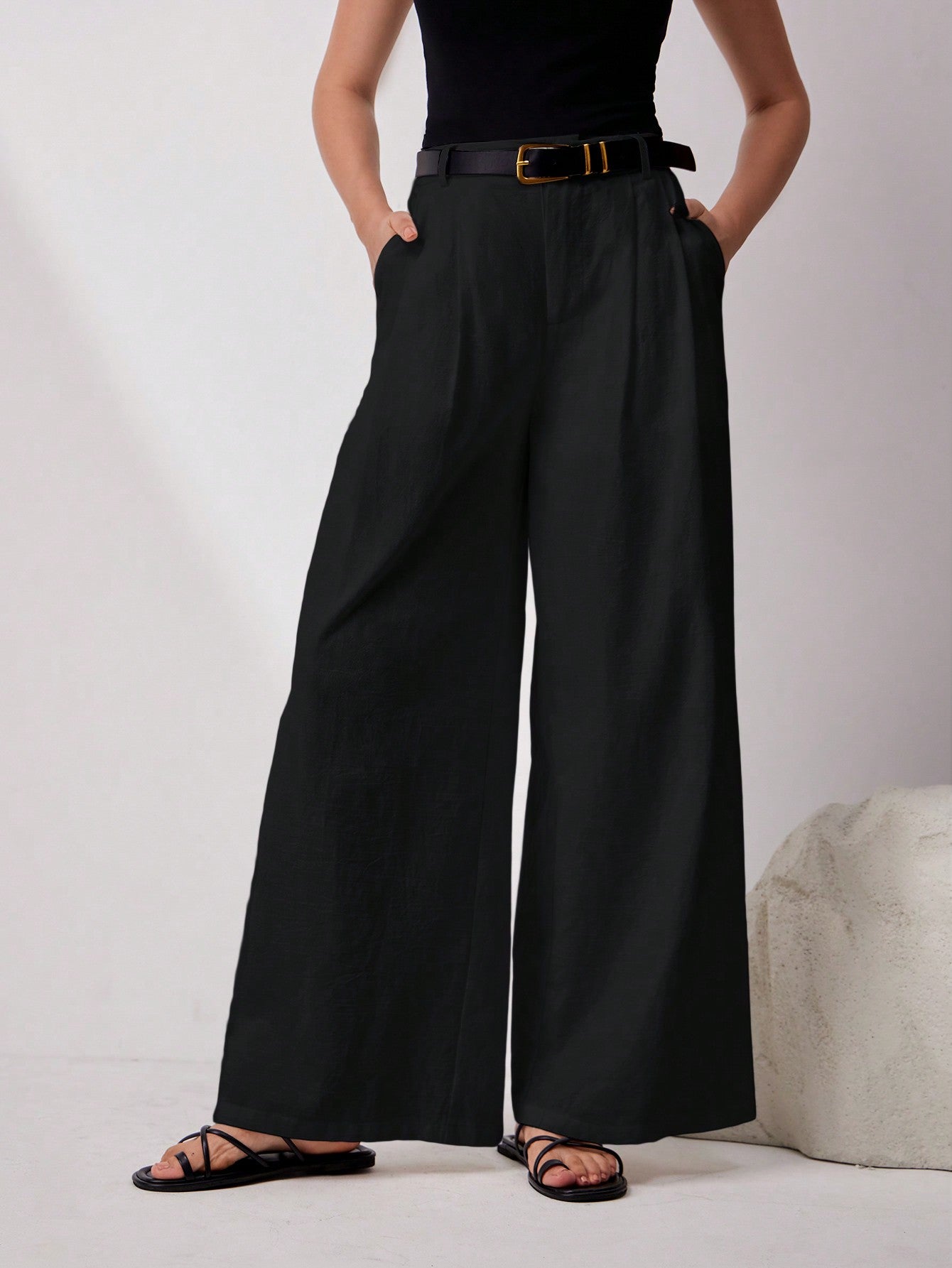 Mulvari Women's Casual Solid Color Wide Leg Pants