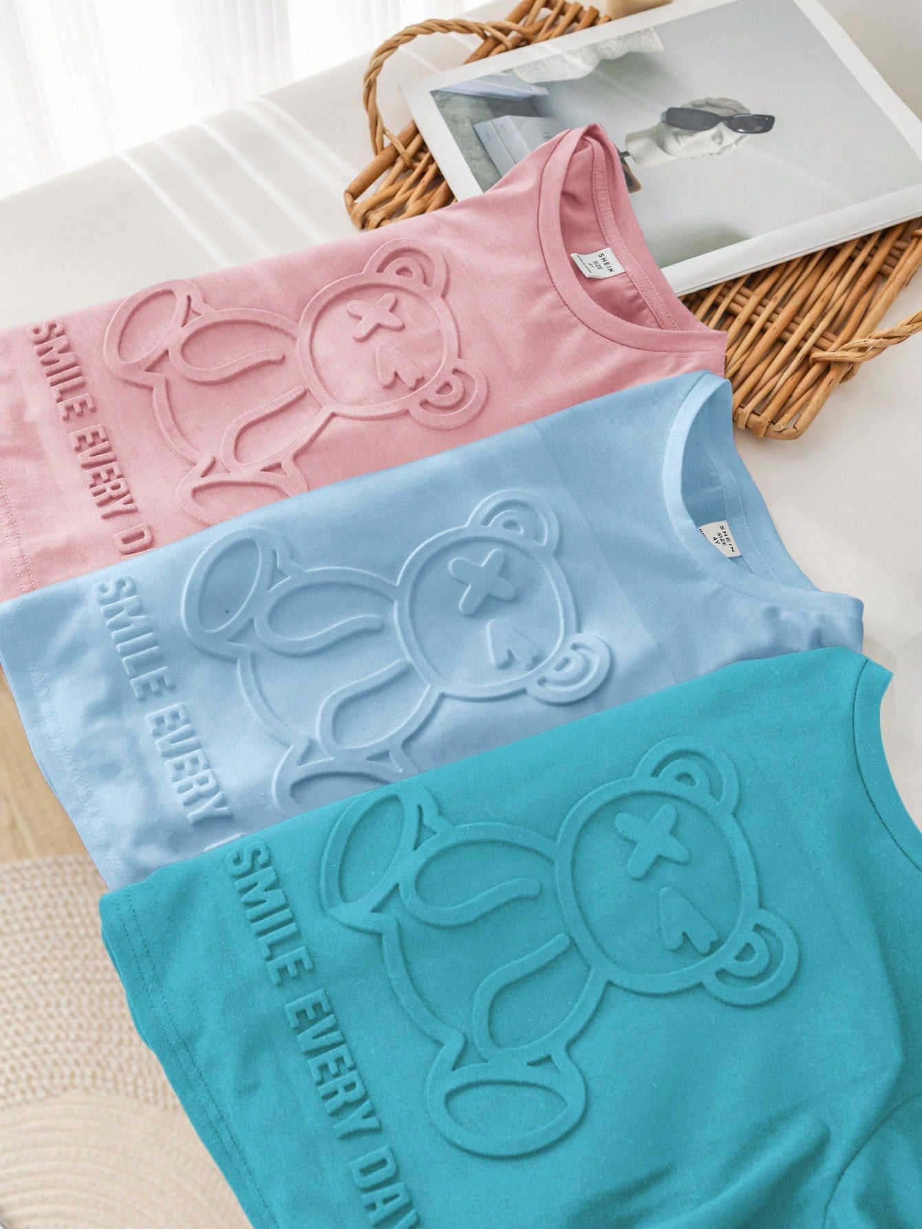 Young Boy Casual Korean Style 3D Embossed Lovely Fun Bear T-Shirt, Multi-Pack (3 Designs, 1 Piece Per Design), Summer Outfits