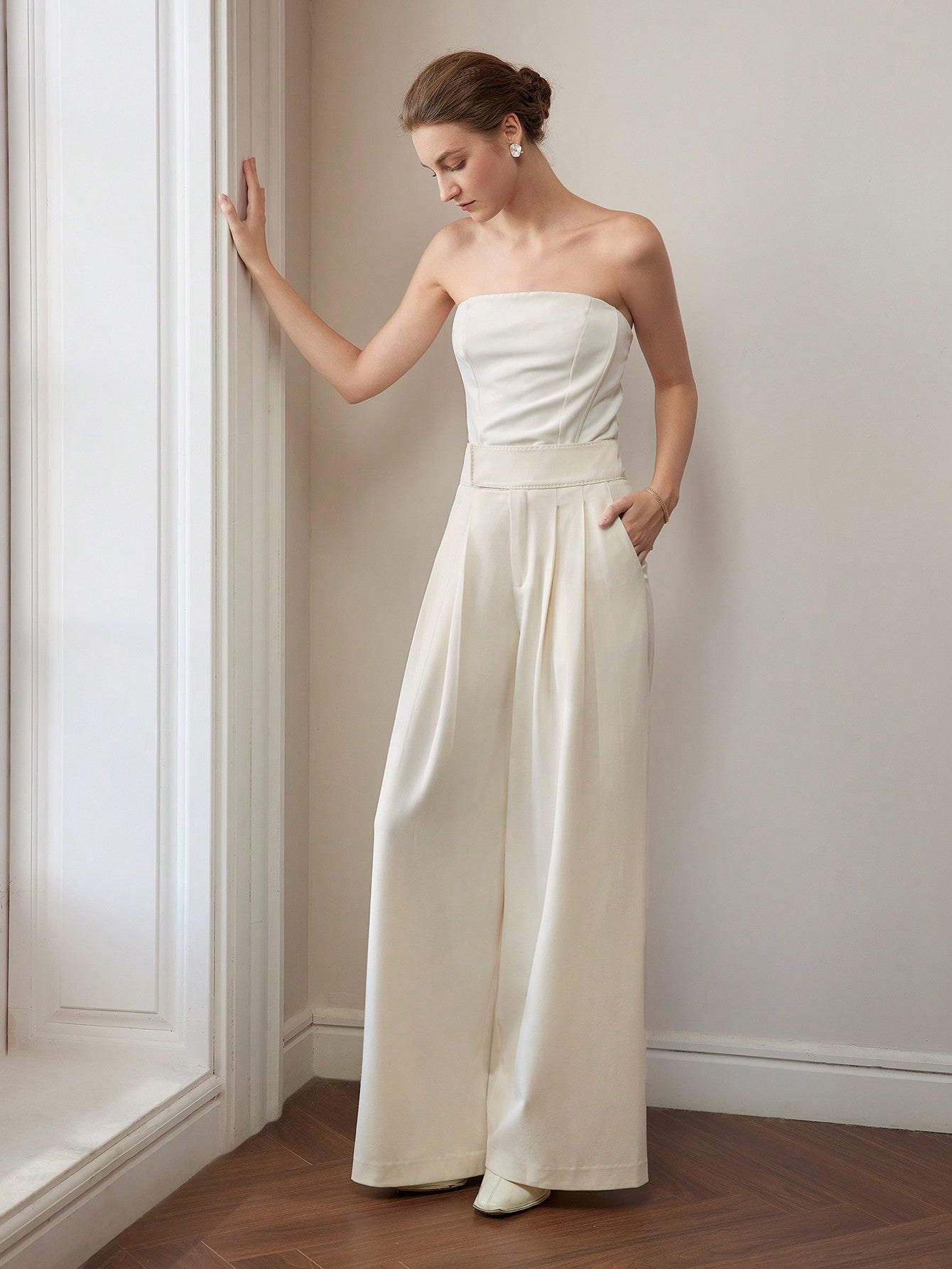 SOLID HIGH WAIST FOLD PLEATED WIDE LEG PANTS