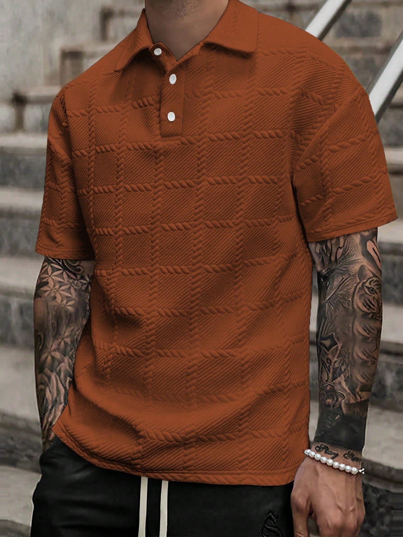 Men's Spring/Summer Solid Textured Short Sleeve Polo Shirt