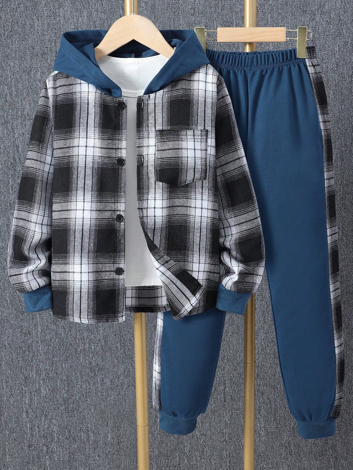 Tween Boy 1pc Plaid Print Button Front Hooded Shirt & 1pc Sweatpants