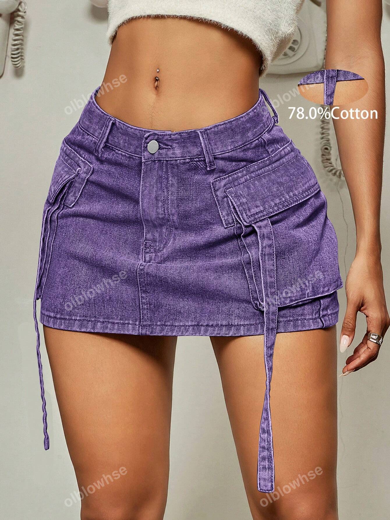 Y2K Street Solid Flap Pocket Tape Detail Cargo Denim Mini Skirt Summer Hottie Outfit