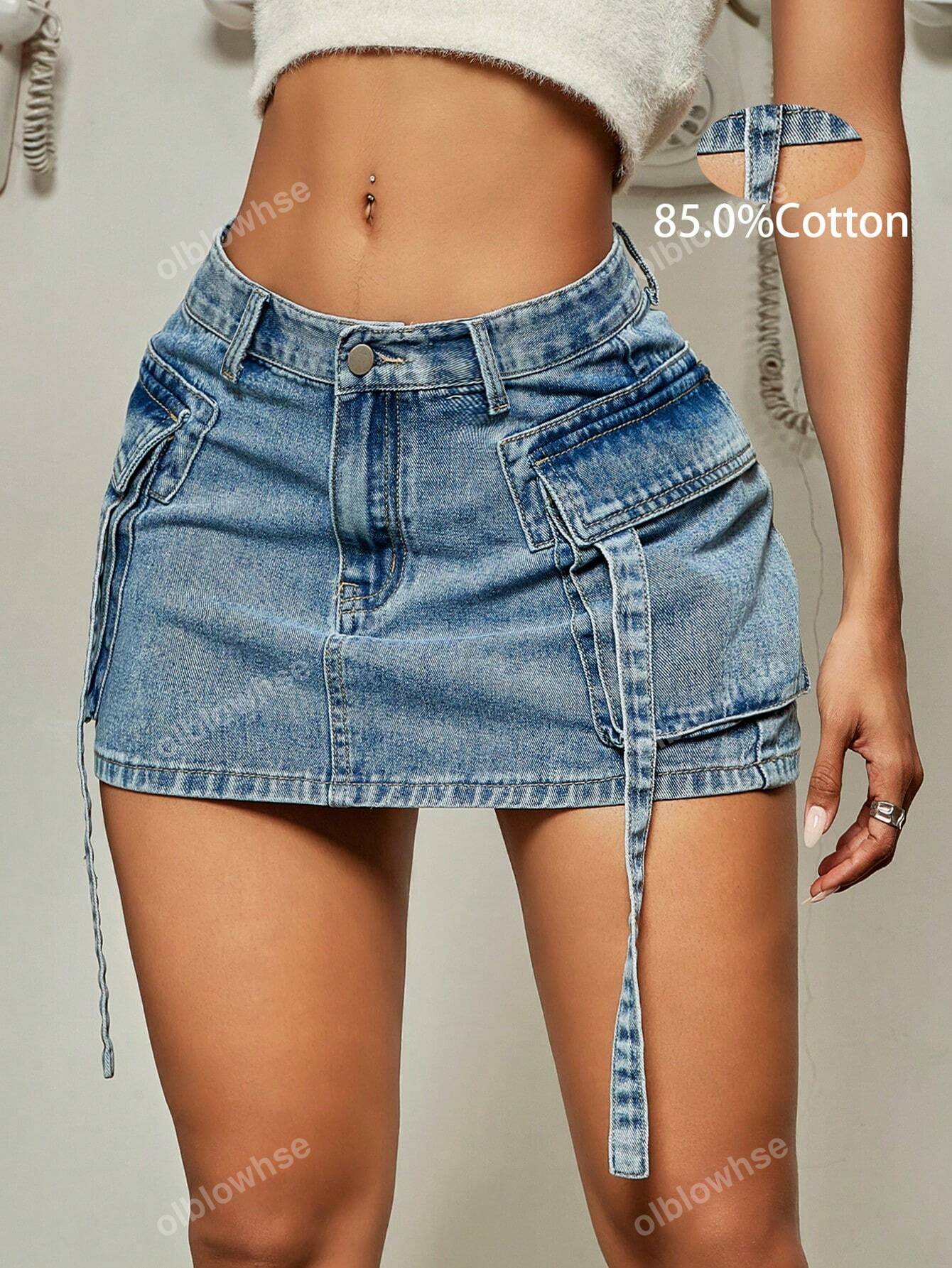 Y2K Street Solid Flap Pocket Tape Detail Cargo Denim Mini Skirt Summer Hottie Outfit