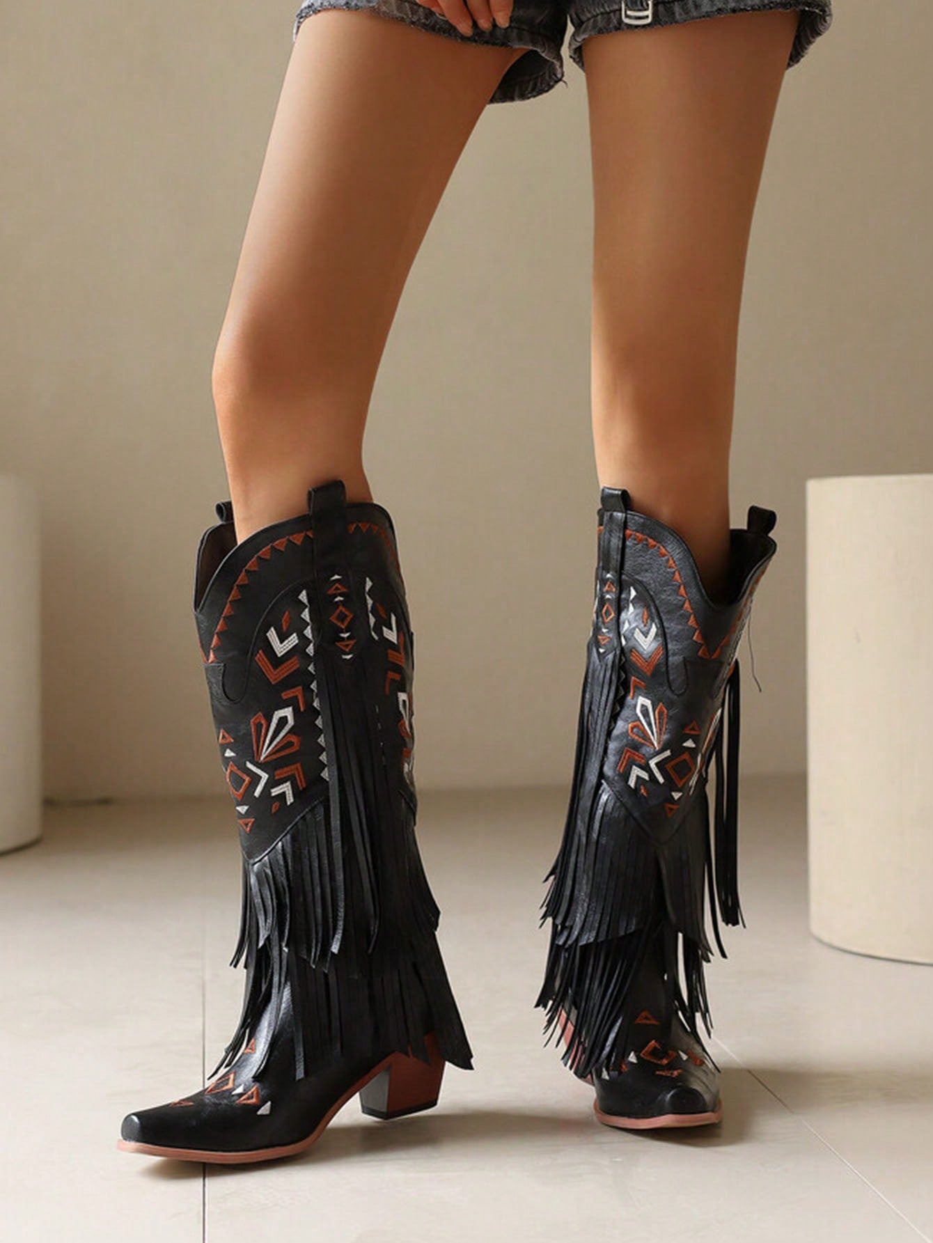 Brown Cowgirl Western Boots Fringe Tassel Chunky High Heels Mid Calf Slip On Retro Casual Fashion Women Ridding Shoes