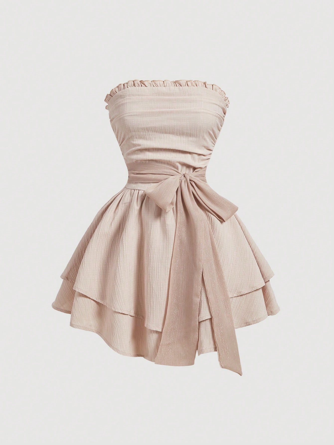 Women Summer Solid Color Pleated Waist Tie Double Layered Ruffle Hem Strapless Elegant Dress With Frilly Edges