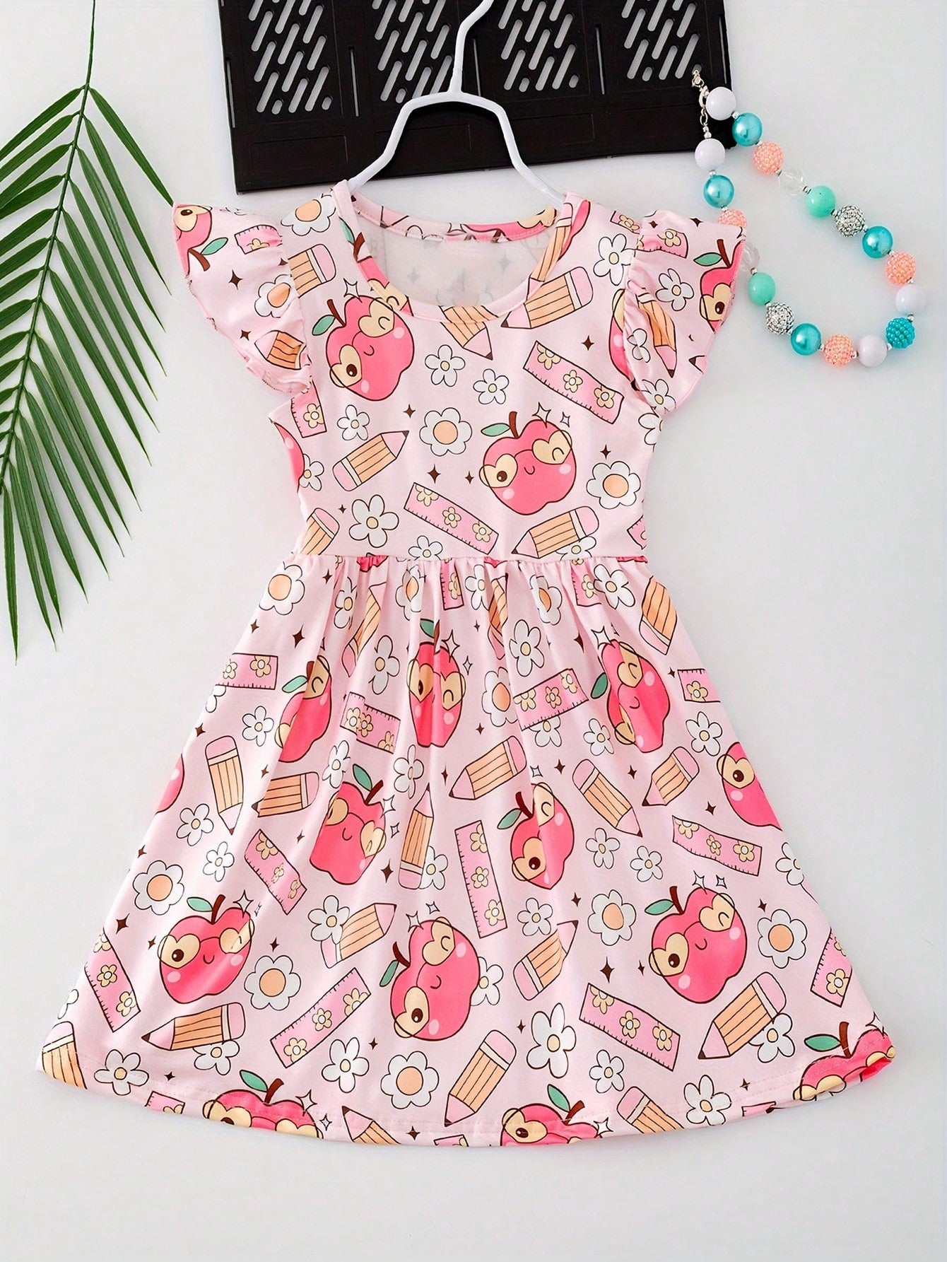 Young Girl Cute Cartoon Graphic Ruffle Trim Sleeveless Dress For Preppy Summer Schooling Back To School