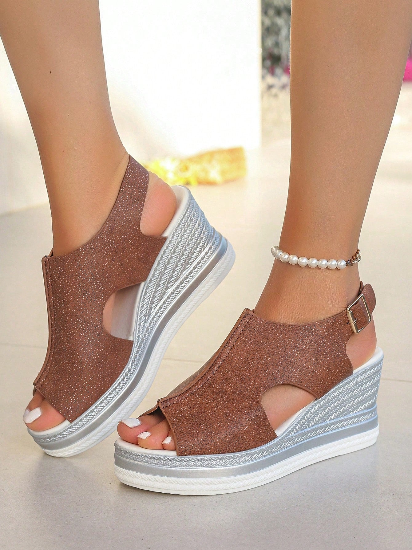 Women's Plus Size Wedge Sandals, European & American Style, Platform Sole, Buckled Strap, Open Toe, Roman Wedge Heels