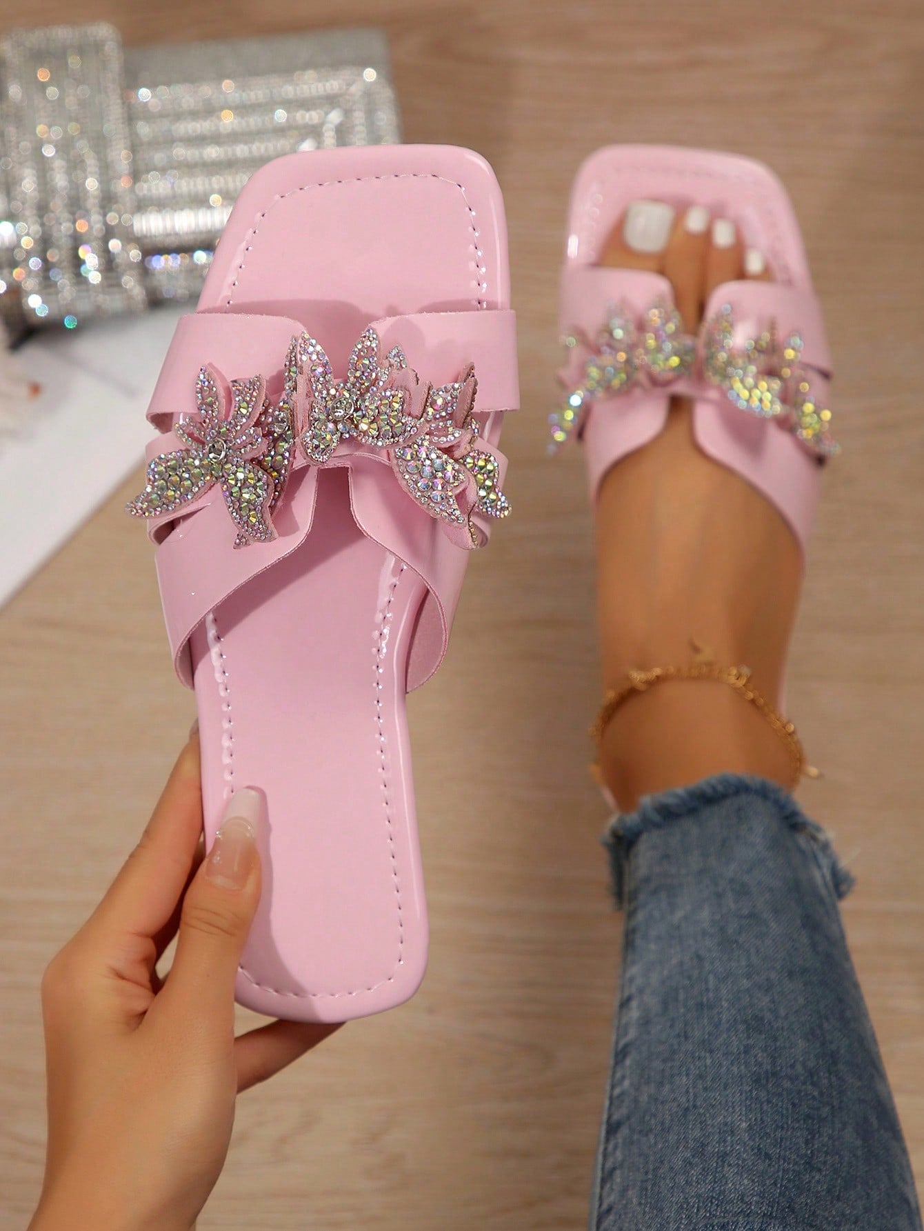 Women Sandals 2024, Flat Rhinestone Slippers, Fashionable Round Toe Large Size Women Shoes, Butterfly Slippers Women