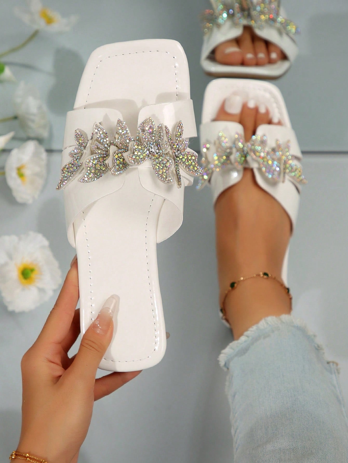 Women Sandals 2024, Flat Rhinestone Slippers, Fashionable Round Toe Large Size Women Shoes, Butterfly Slippers Women